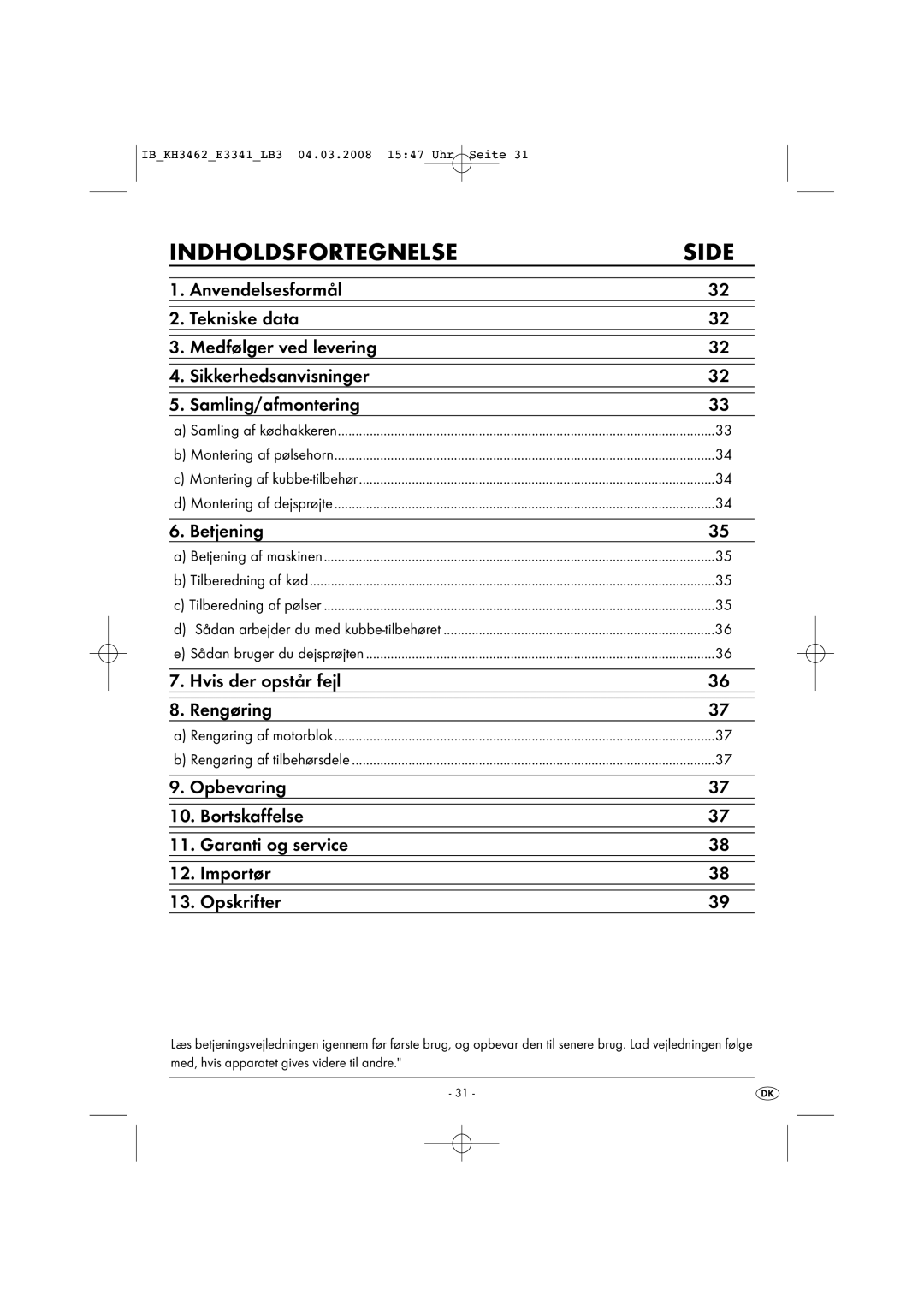 Kompernass KH3462-02/08-V1 manual Indholdsfortegnelse, Side 