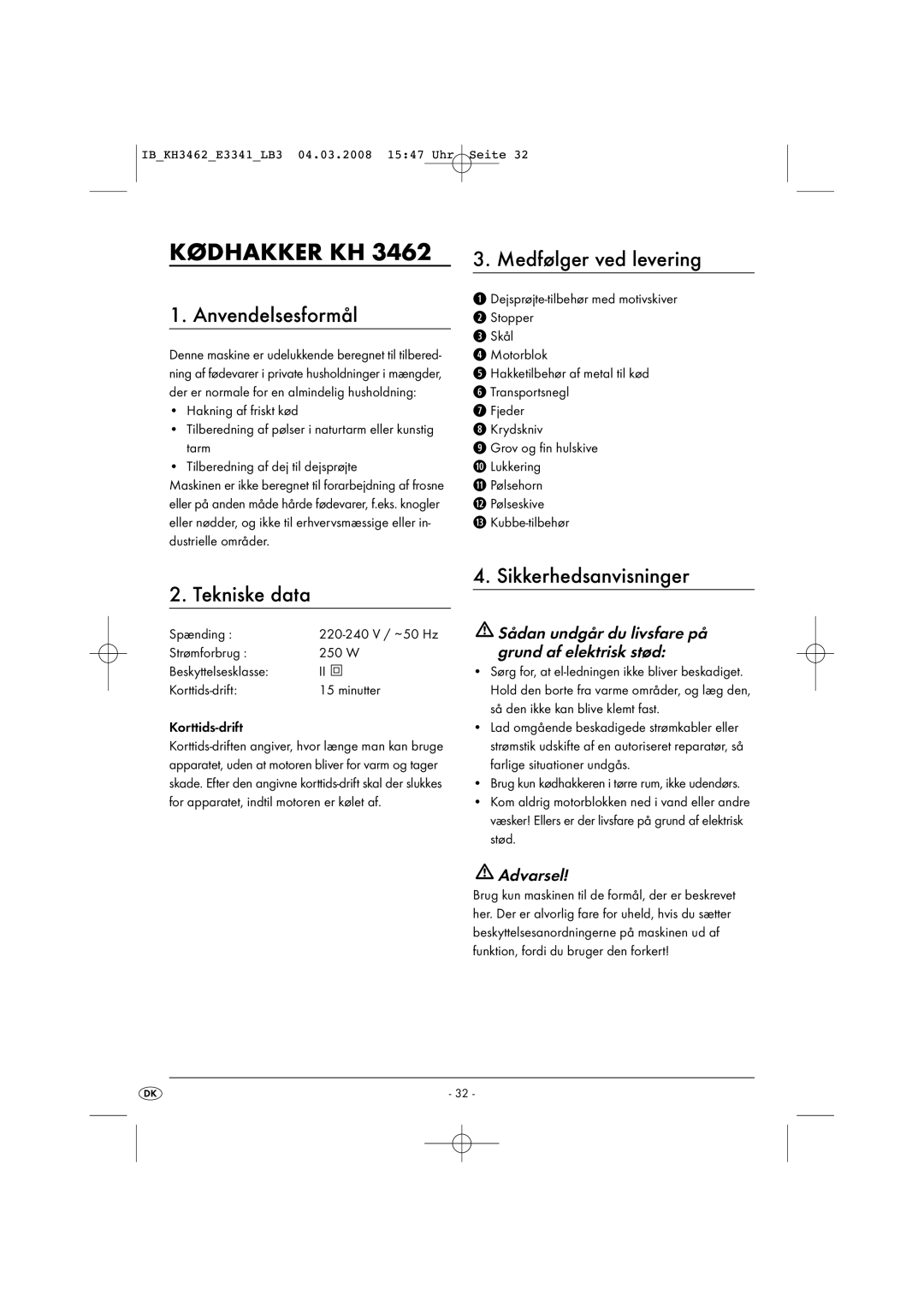 Kompernass KH3462-02/08-V1 Kødhakker KH, Anvendelsesformål, Medfølger ved levering, Tekniske data, Sikkerhedsanvisninger 