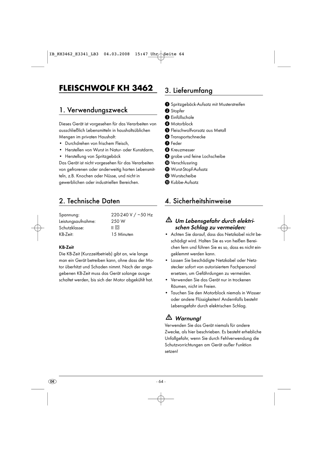 Kompernass KH3462-02/08-V1 manual Fleischwolf KH, Verwendungszweck, Lieferumfang, Technische Daten, Sicherheitshinweise 