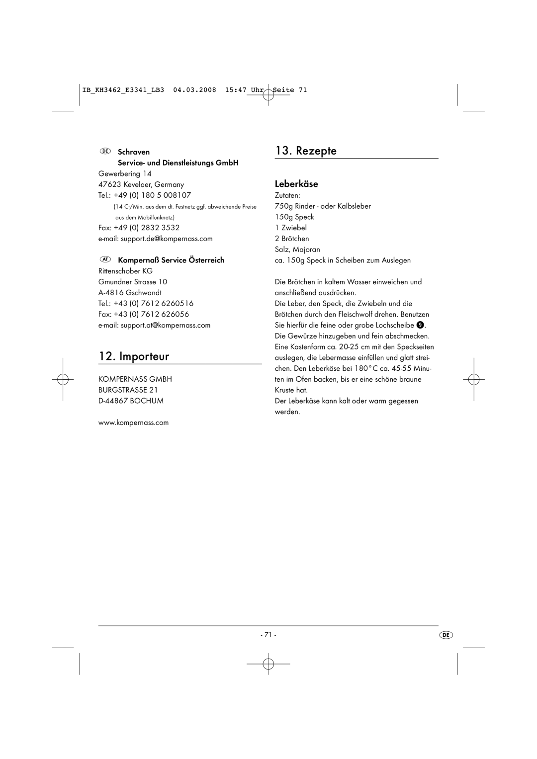 Kompernass KH3462-02/08-V1 manual Rezepte, Importeur, Leberkäse 