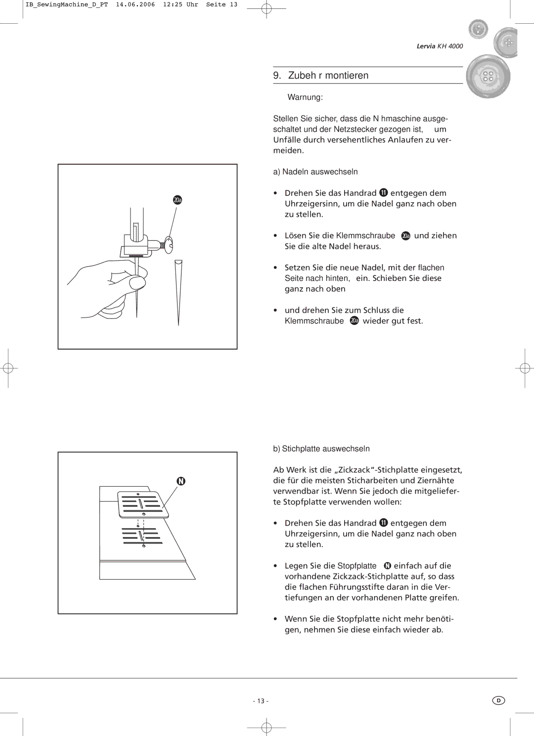 Kompernass KH4000 manual Zubehör montieren, Stichplatte auswechseln 