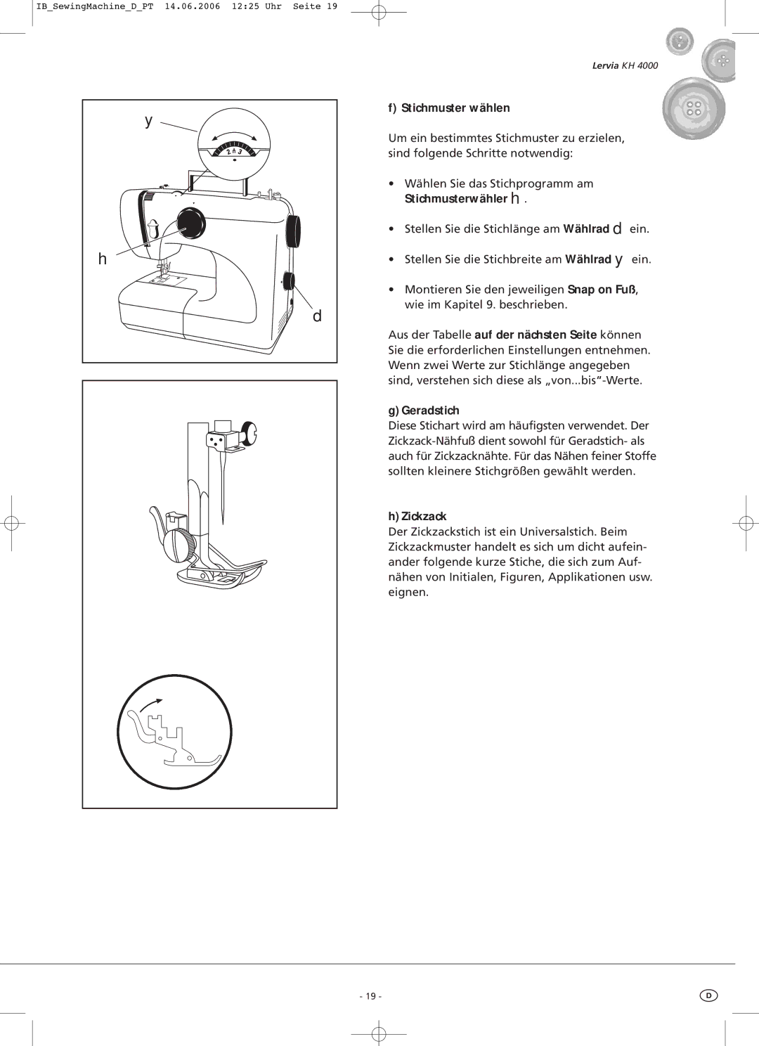 Kompernass KH4000 manual Stichmuster wählen, Geradstich, Zickzack 