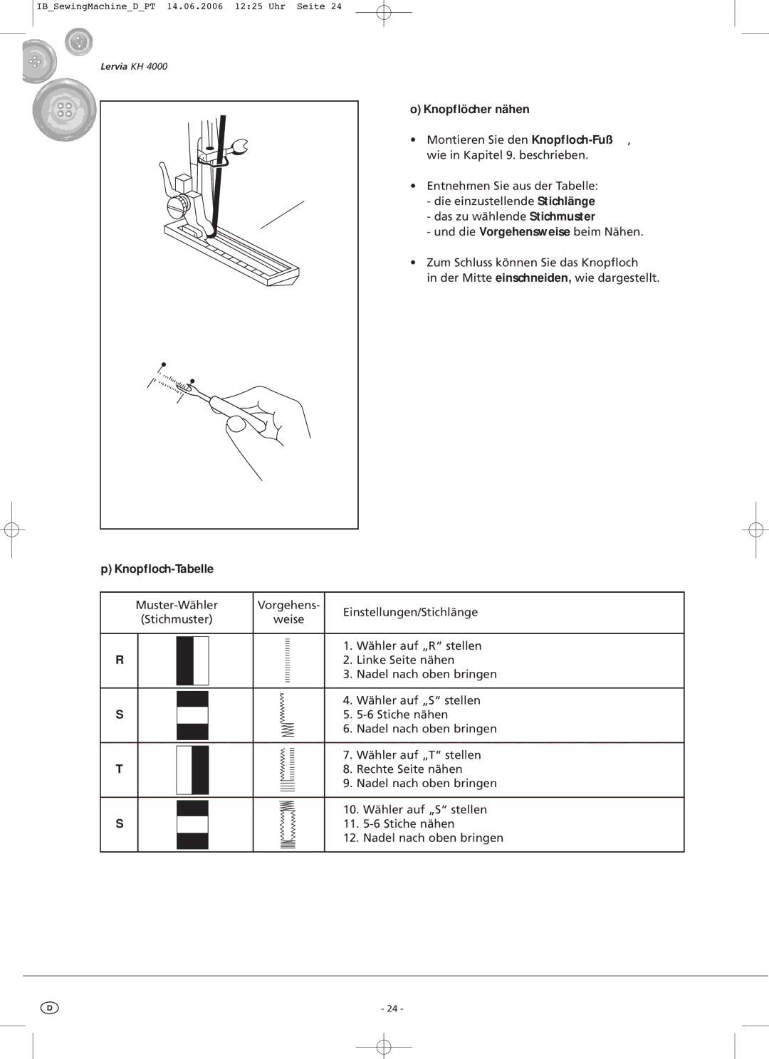 Kompernass KH4000 manual Knopflöcher nähen, Knopfloch-Tabelle 