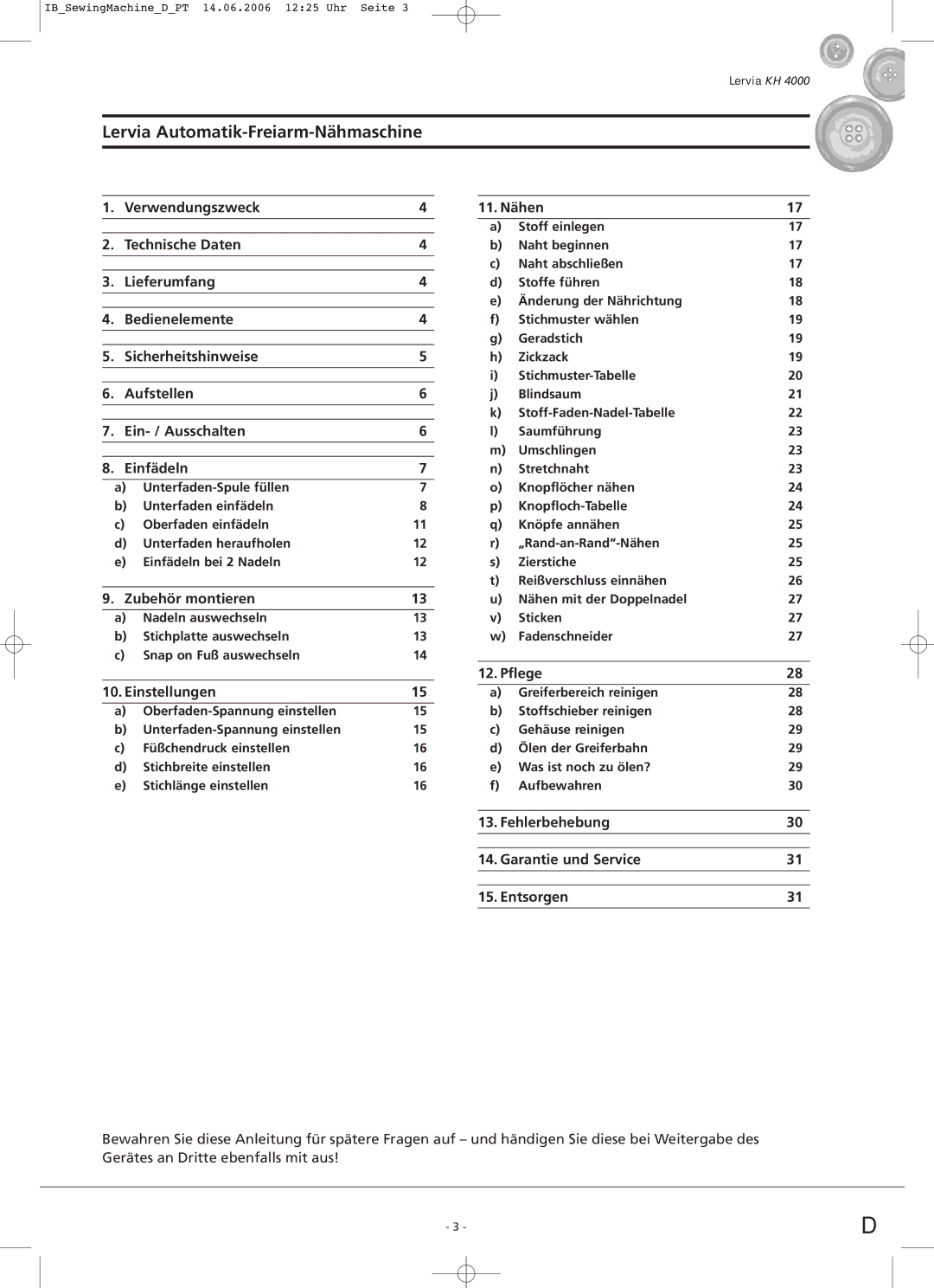 Kompernass KH4000 manual Lervia Automatik-Freiarm-Nähmaschine 