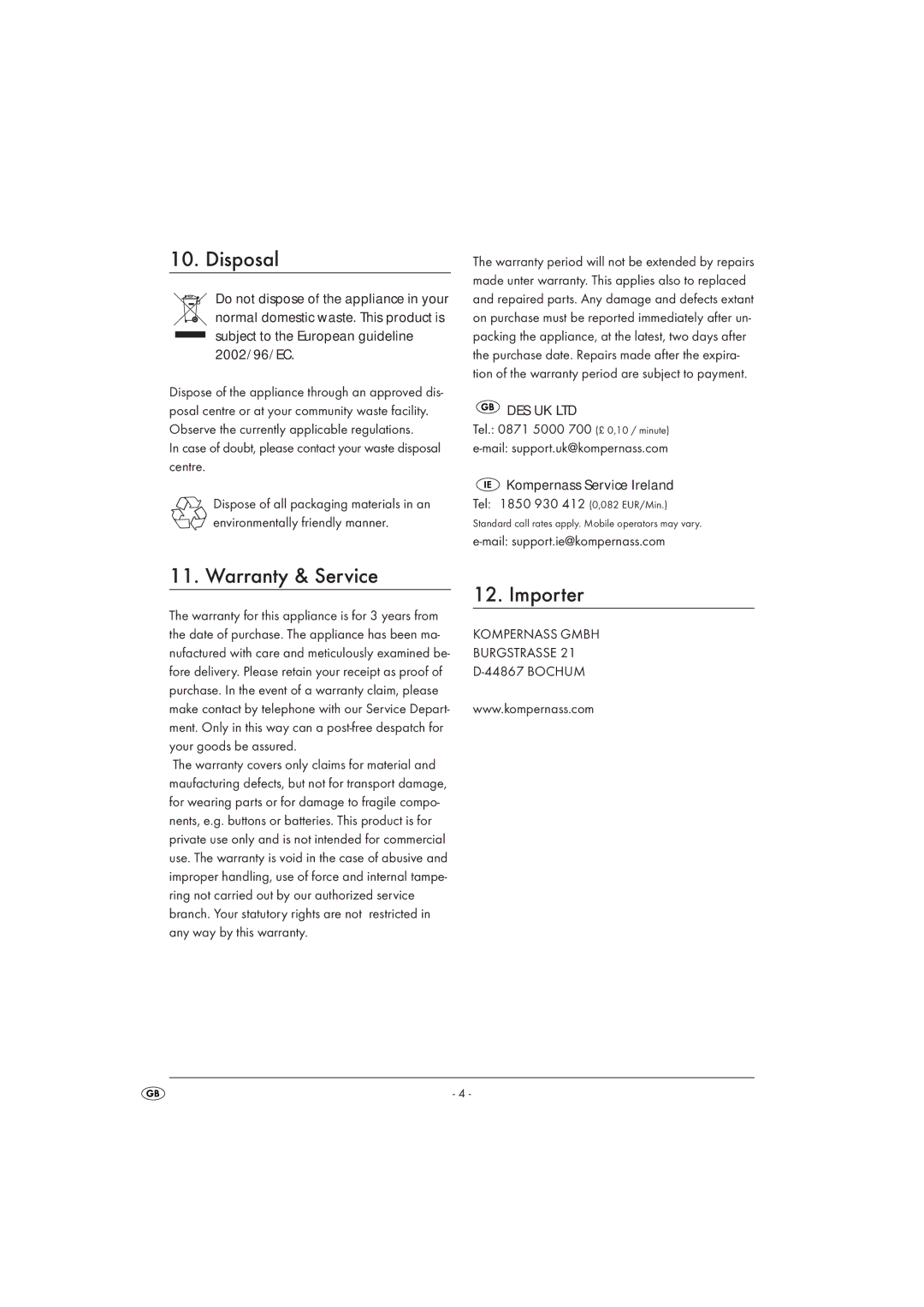 Kompernass KH402 manual Disposal, Warranty & Service Importer 