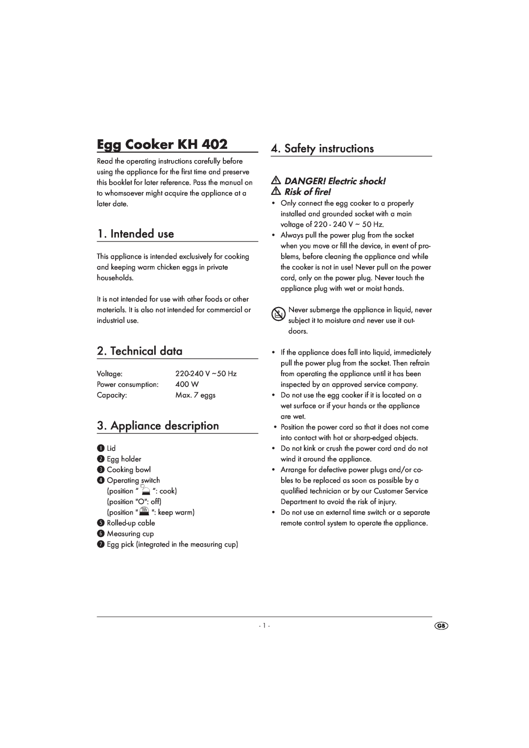Kompernass KH402 manual Intended use, Technical data, Appliance description, Safety instructions, Egg Cooker KH 