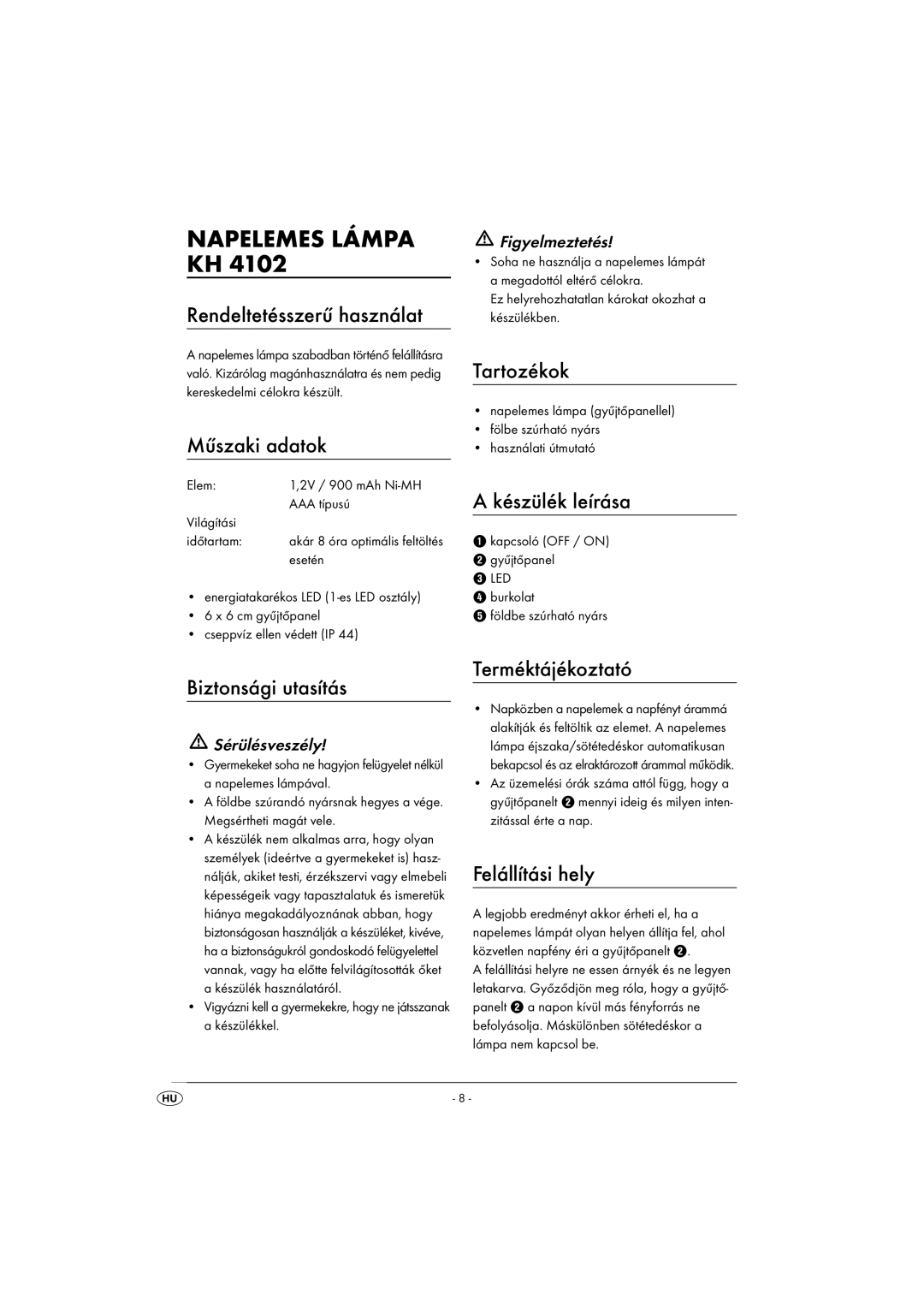 Kompernass KH4102-03/08-V1 operating instructions Napelemes Lámpa KH 