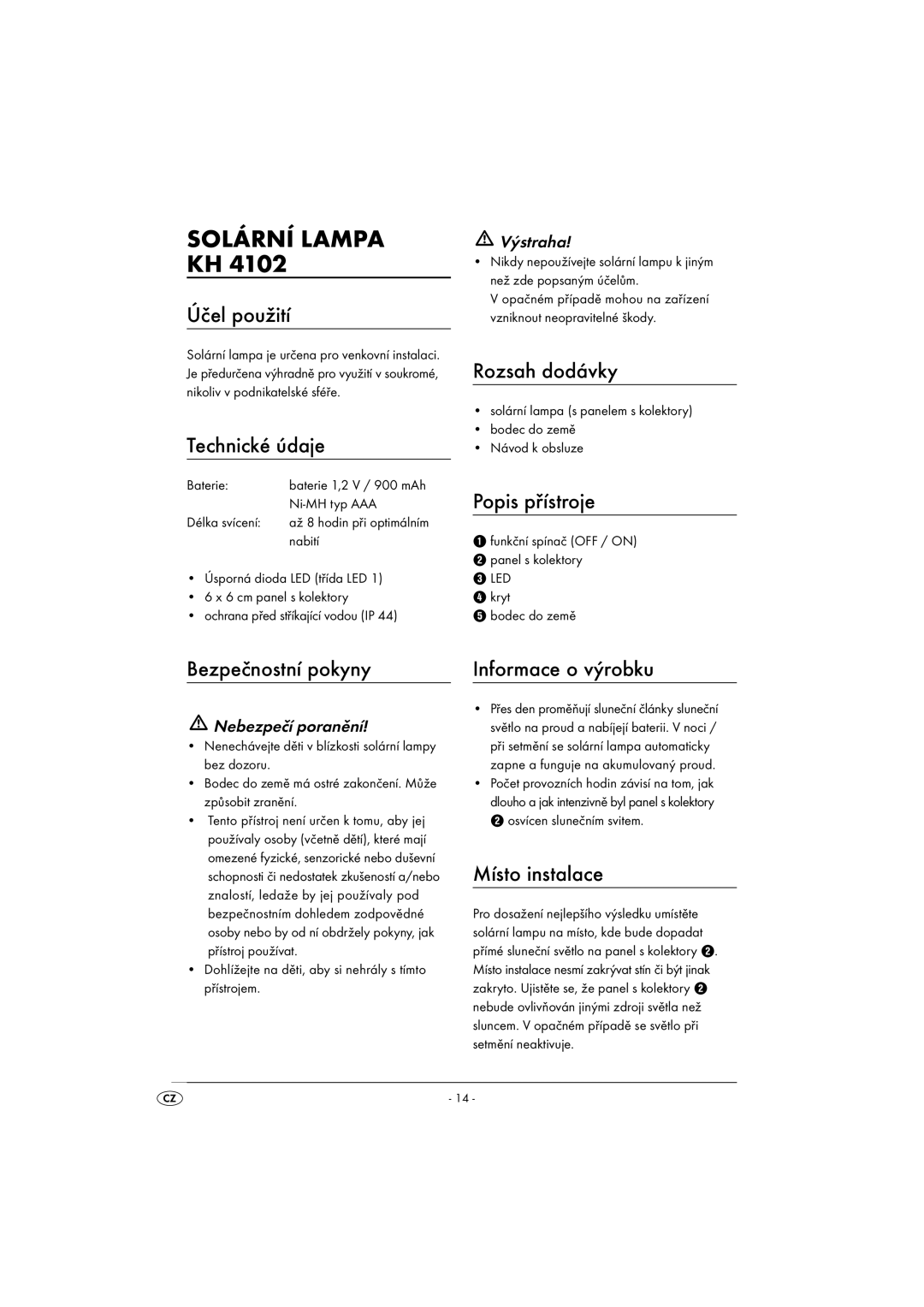 Kompernass KH4102-03/08-V1 operating instructions Solární Lampa KH 