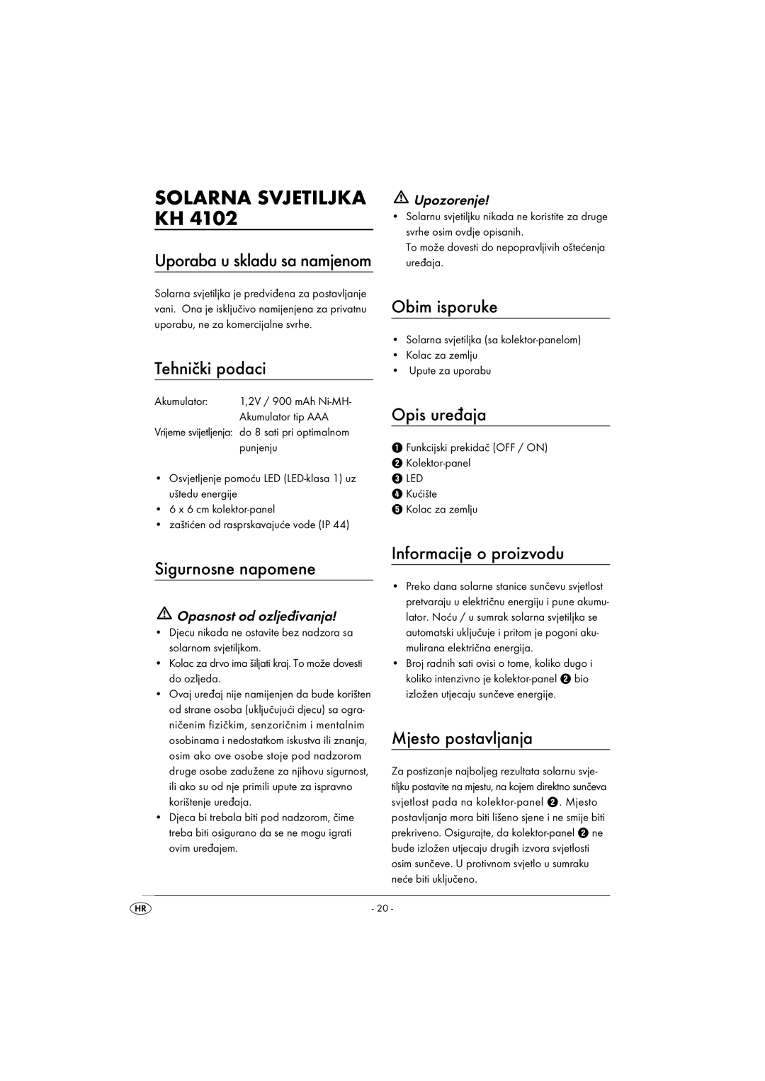 Kompernass KH4102-03/08-V1 operating instructions Solarna Svjetiljka KH 