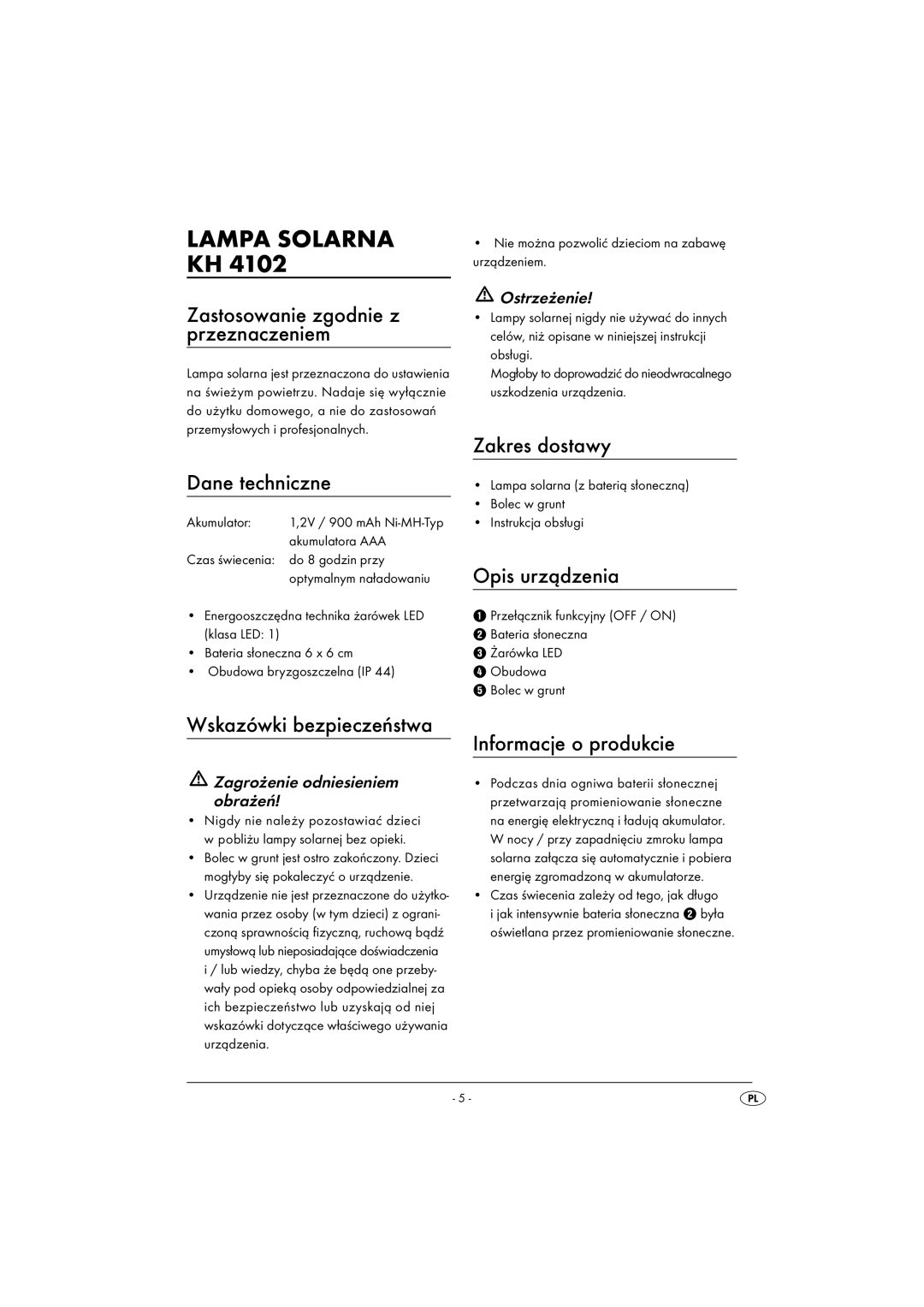 Kompernass KH4102-03/08-V1 operating instructions Lampa Solarna KH 