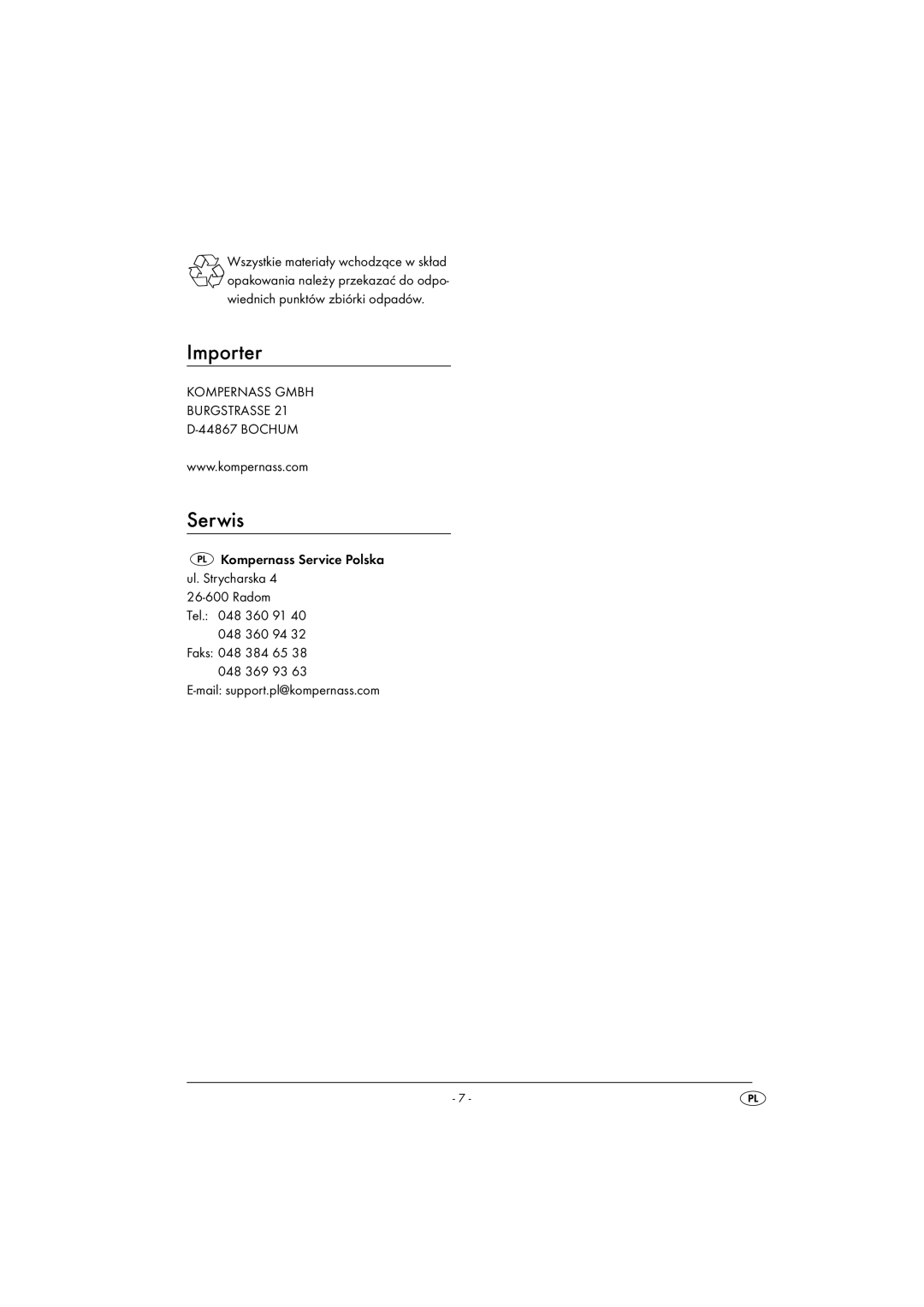 Kompernass KH4102-03/08-V1 operating instructions Importer, Serwis 