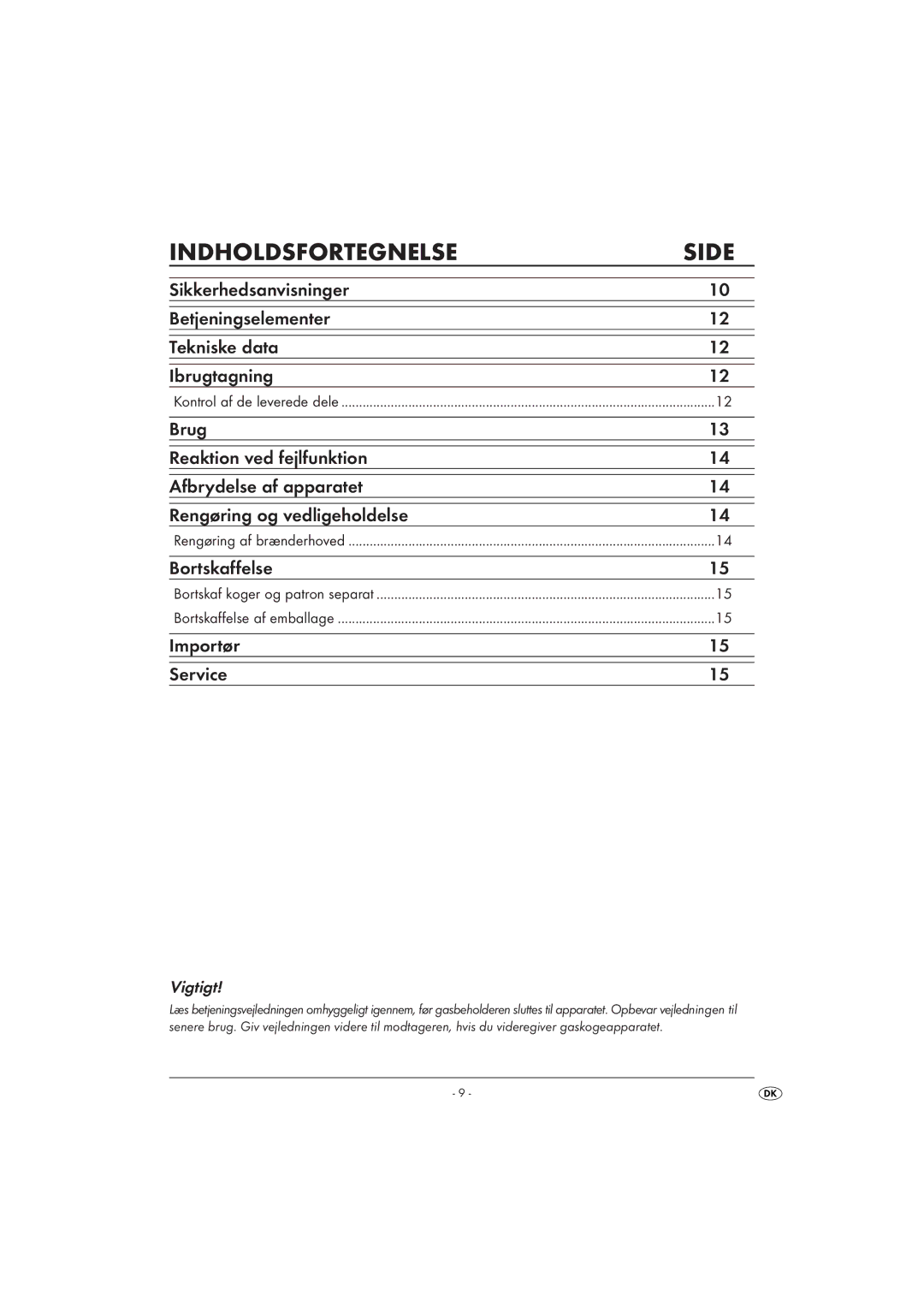 Kompernass KH4202 manual Indholdsfortegnelse, Vigtigt 