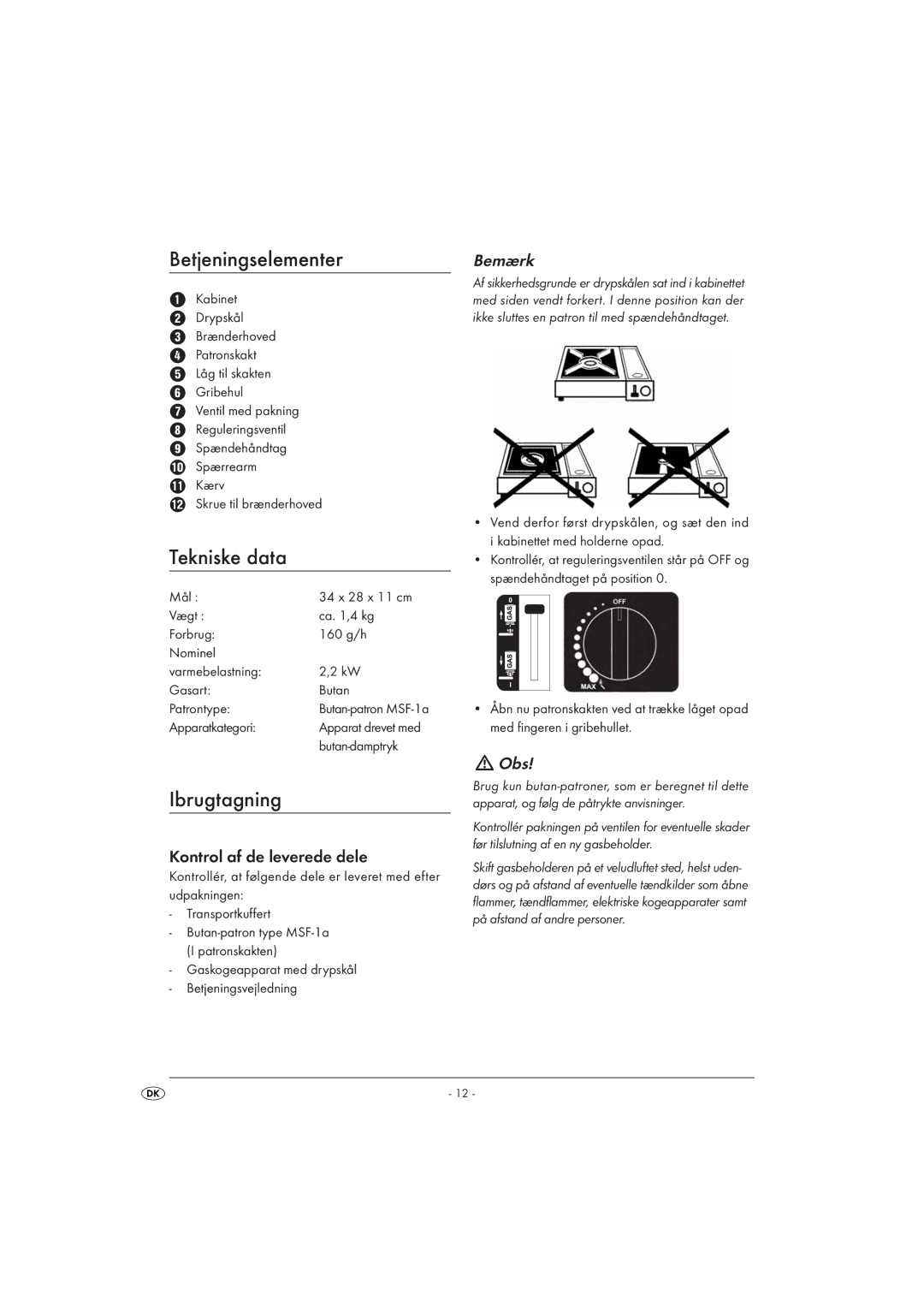 Kompernass KH4202 manual Betjeningselementer, Tekniske data, Ibrugtagning, Kontrol af de leverede dele, Bemærk 