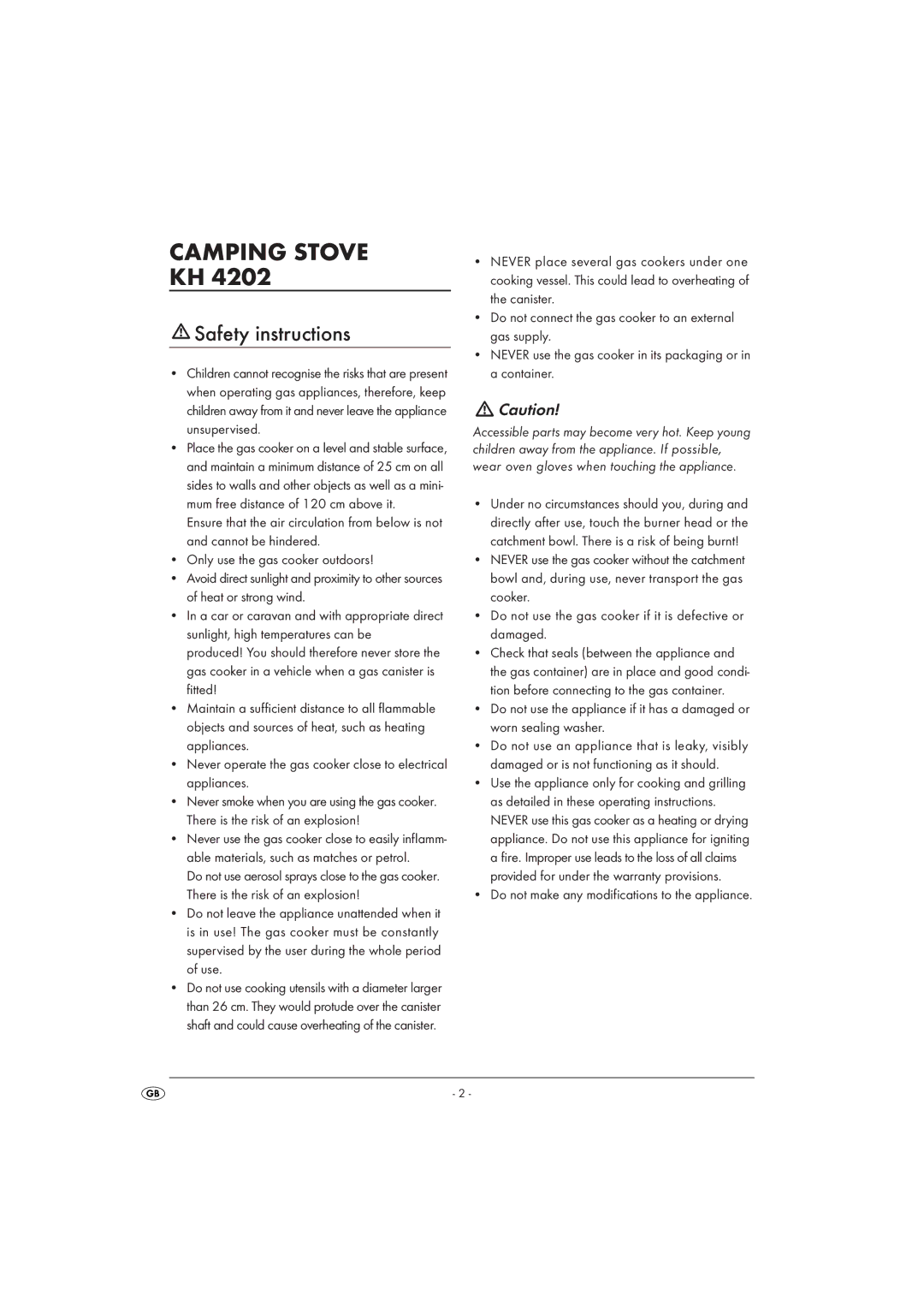 Kompernass KH4202 manual Camping Stove, Safety instructions 