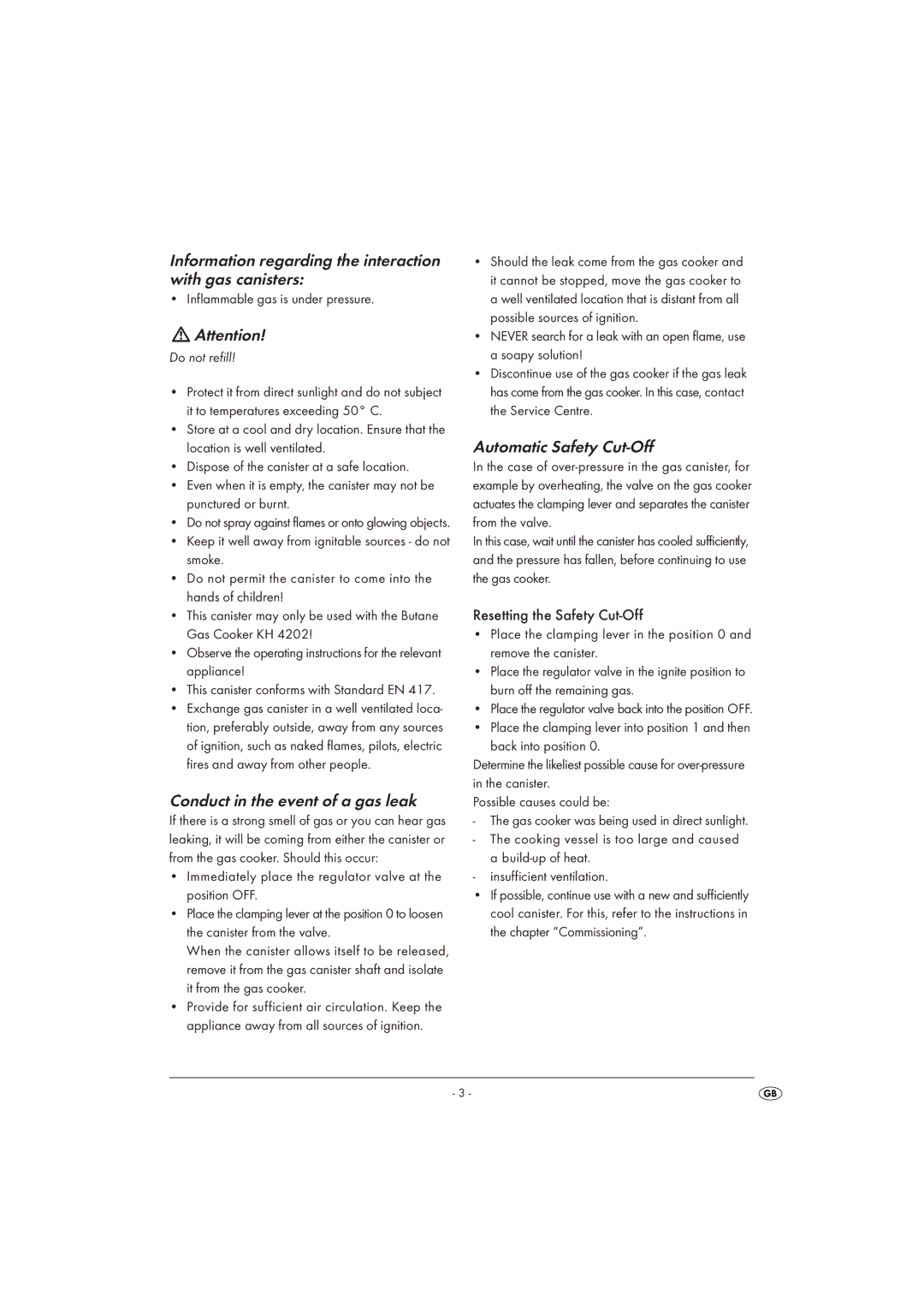 Kompernass KH4202 manual Information regarding the interaction with gas canisters, Conduct in the event of a gas leak 