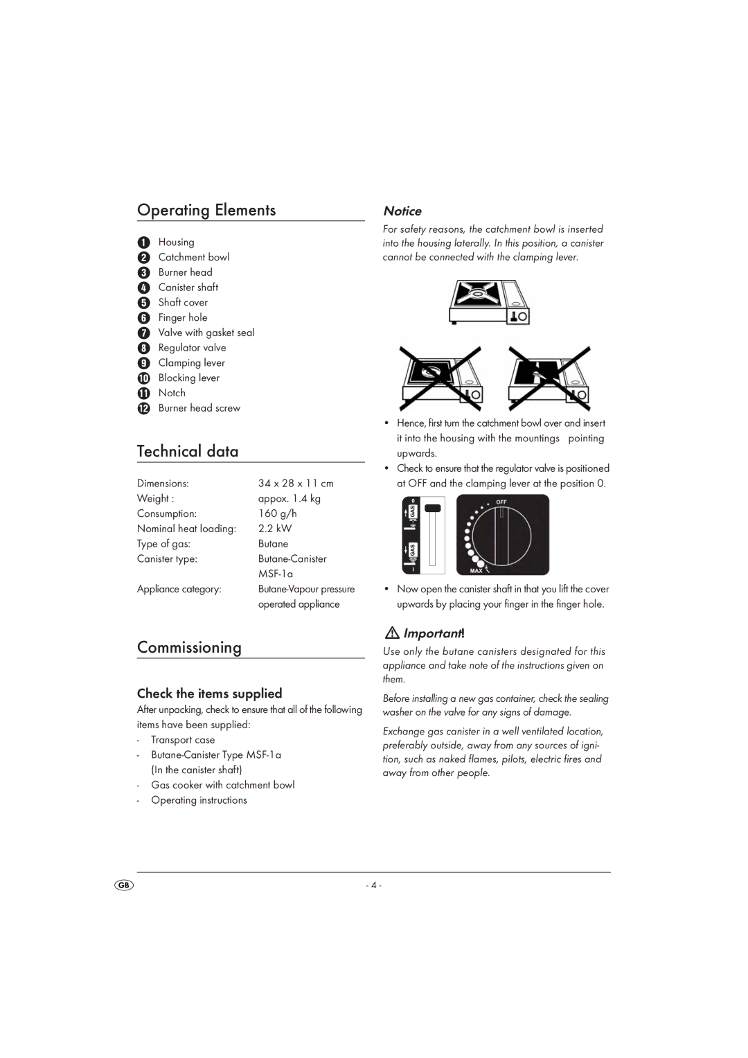 Kompernass KH4202 manual Technical data, Commissioning, Check the items supplied 