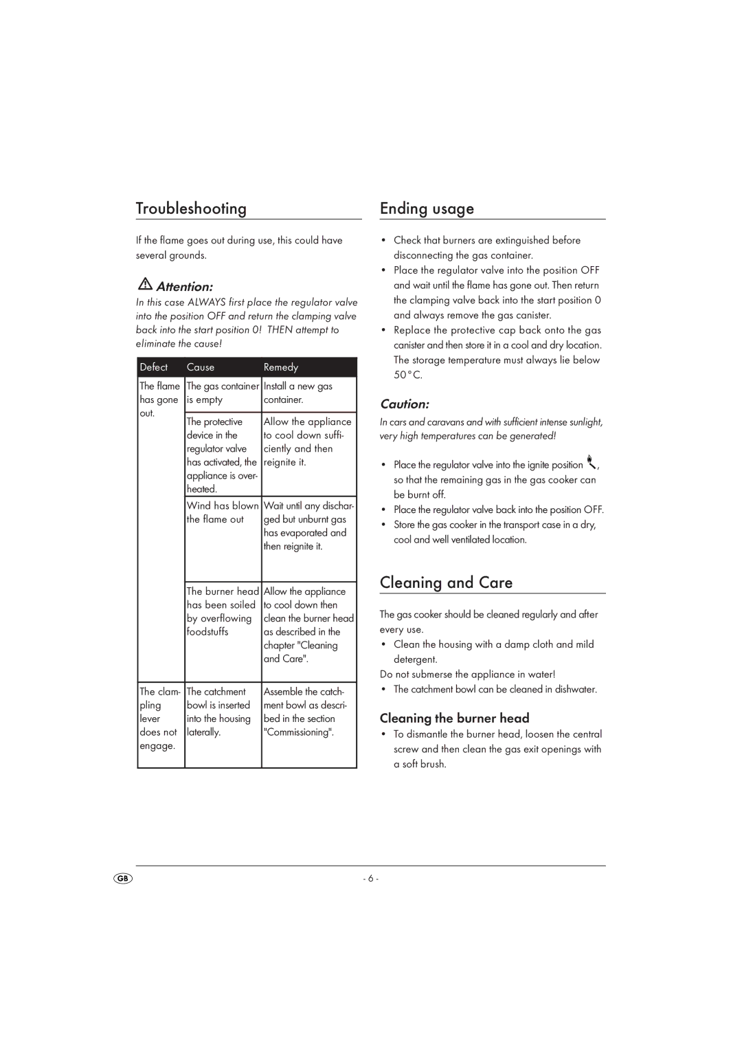 Kompernass KH4202 manual Troubleshooting Ending usage, Cleaning and Care, Cleaning the burner head 