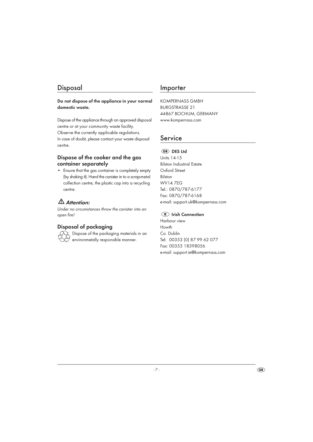 Kompernass KH4202 manual Disposal Importer, Service, Dispose of the cooker and the gas, Container separately 