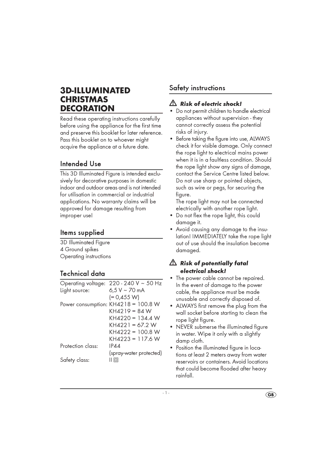 Kompernass KH4218, KH4221, KH4222, KH4223, KH4220, KH4219 Intended Use, Items supplied, Technical data, Safety instructions 