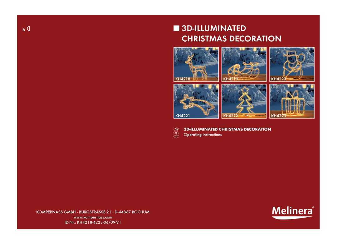 Kompernass KH4222 operating instructions Christmas Decoration, 3D-ILLUMINATED CHRISTMAS DECORATION, KH4218, KH4219 
