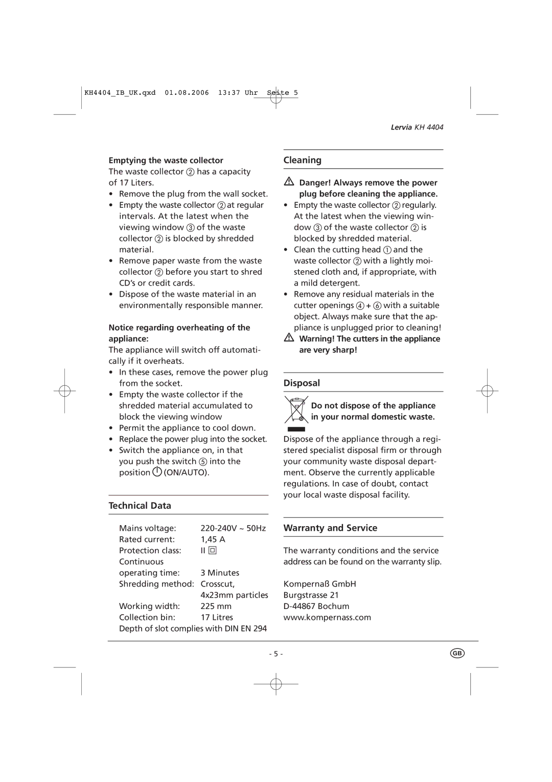 Kompernass KH4404-04/06-V3 manual Cleaning, Disposal, Technical Data, Warranty and Service 