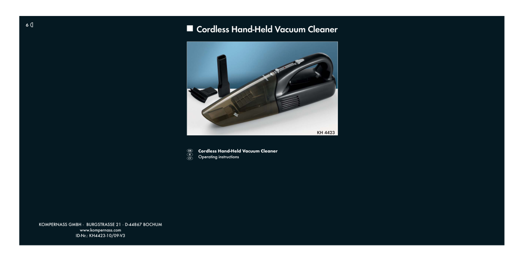 Kompernass KH4423 manual Cordless Hand-HeldVacuum Cleaner, Operating instructions 
