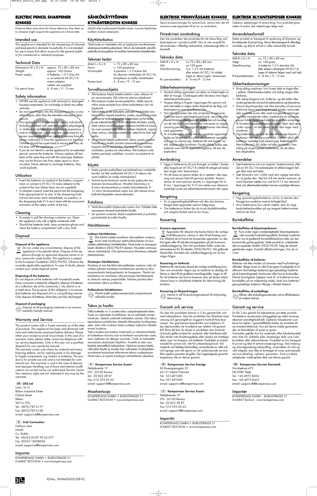 Kompernass KH4450 manual Föreskriven användning Anvendelsesformål Intended use, Technical Data, Safety information 