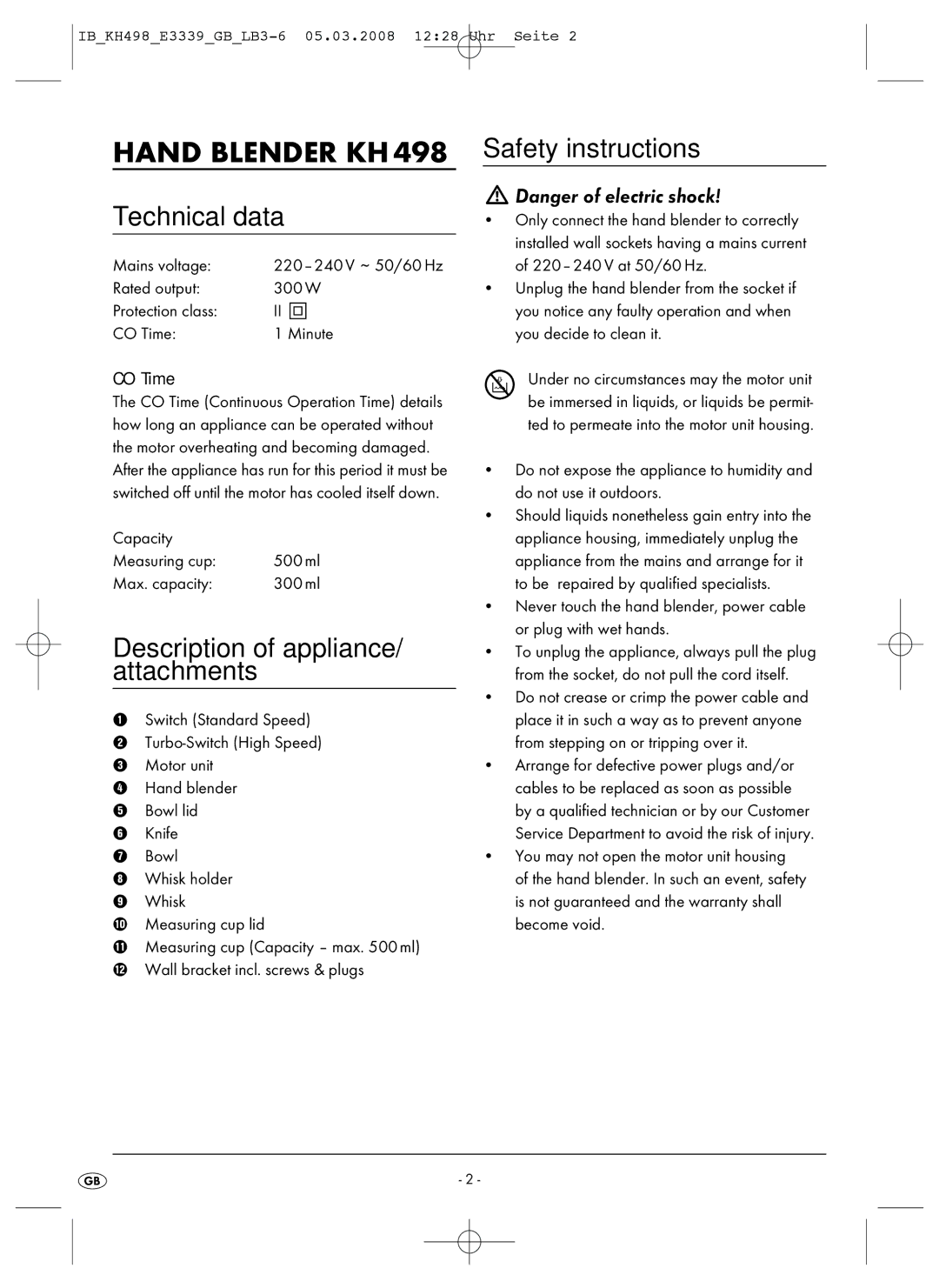 Kompernass KH498-08-V1 manual Hand Blender KH, Technical data, Description of appliance/ attachments, Safety instructions 