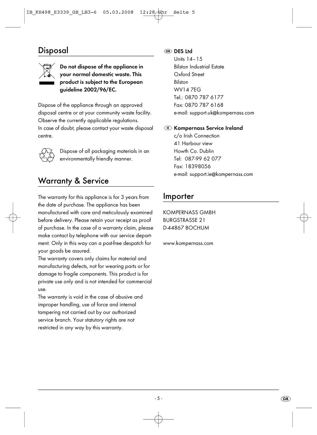 Kompernass KH498-03, KH498-08-V1 manual Disposal, Warranty & Service, Importer 