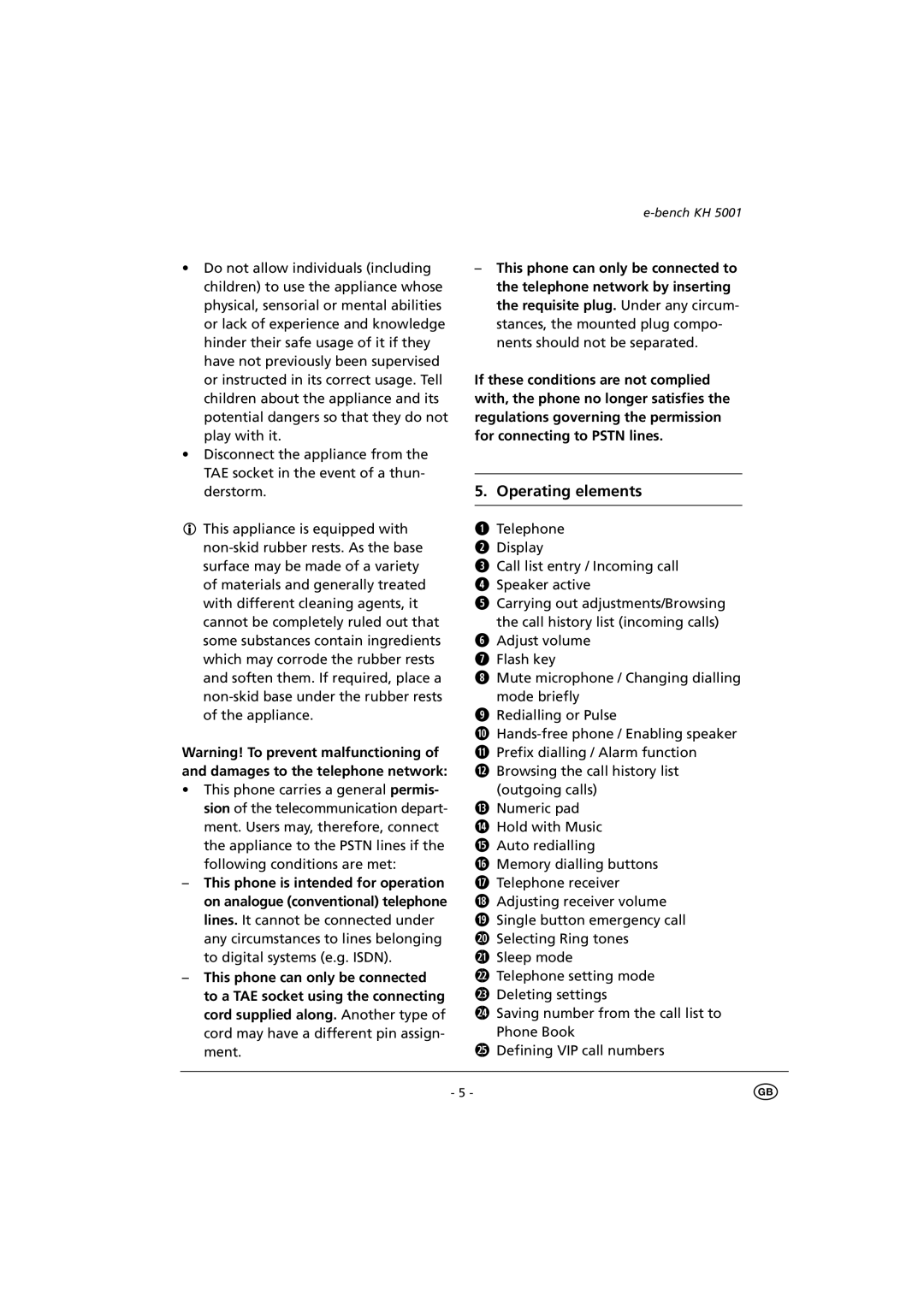 Kompernass KH5001 manual Operating elements 