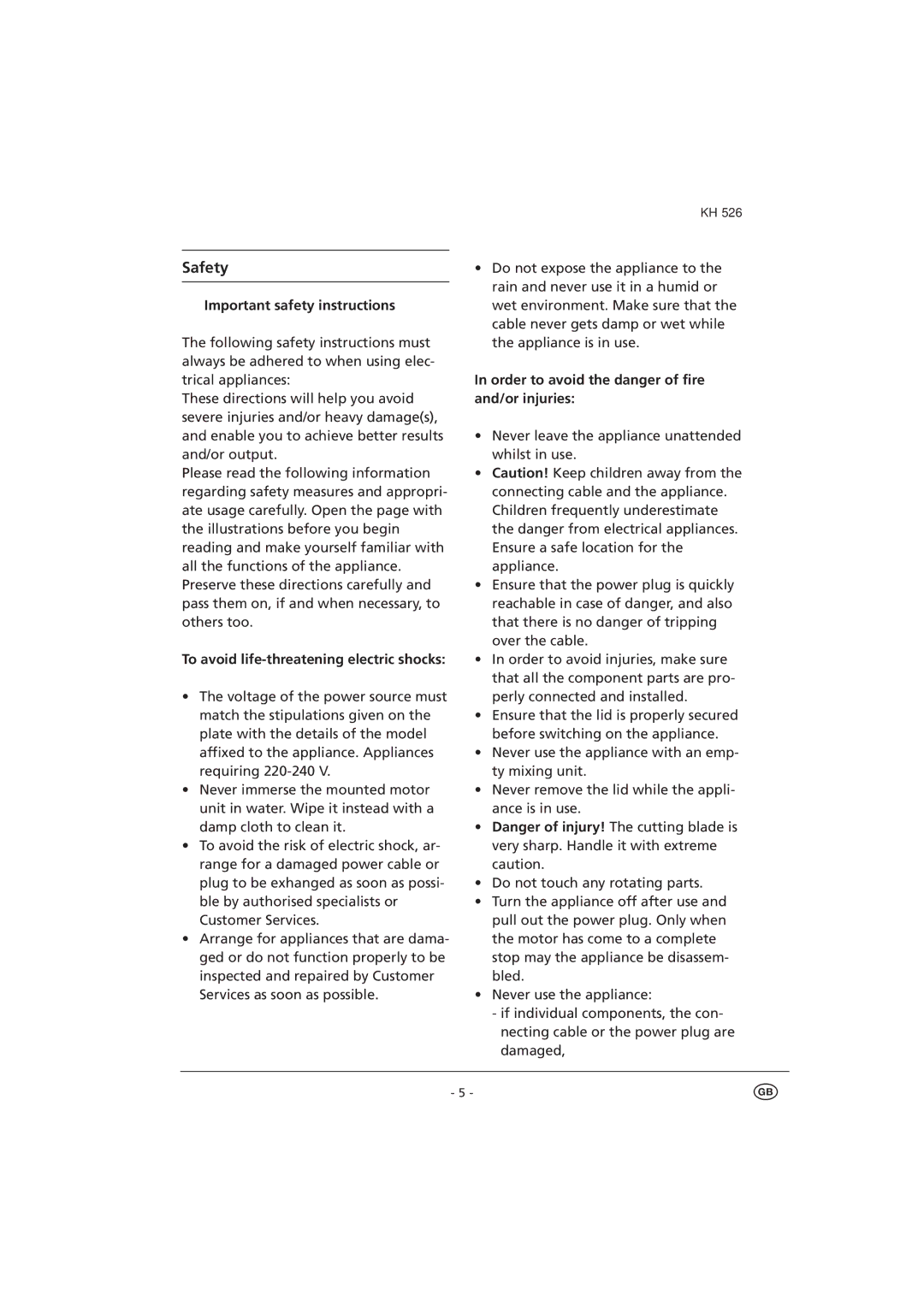 Kompernass KH526 manual Important safety instructions, To avoid life-threatening electric shocks 