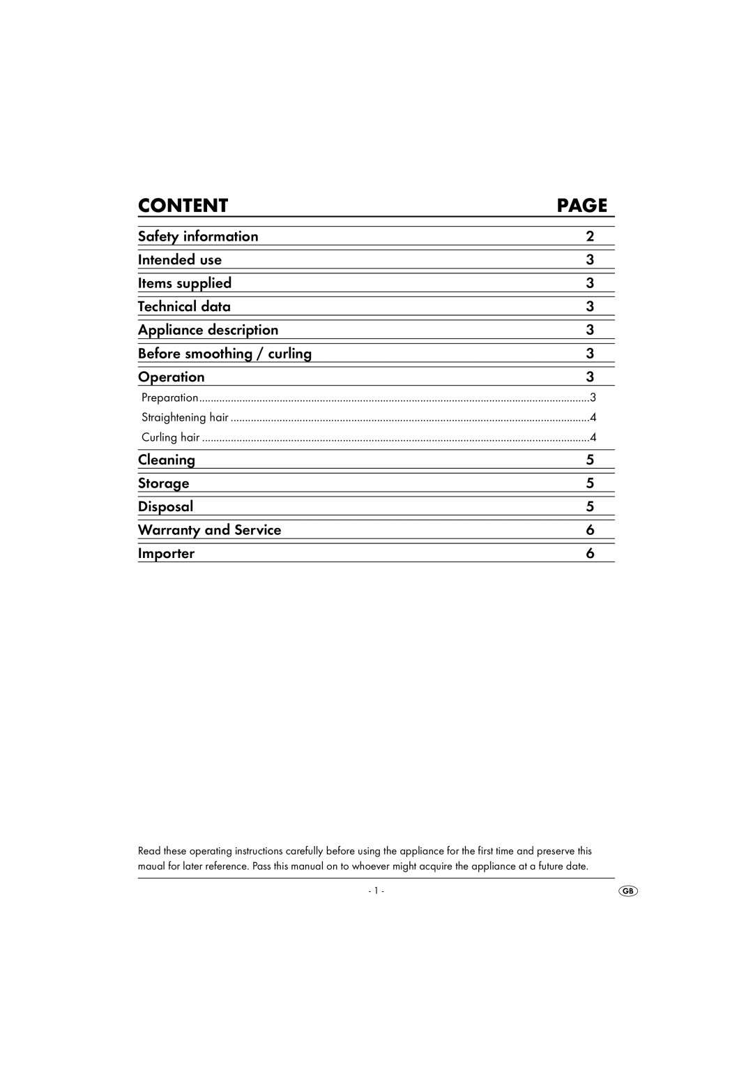 Kompernass KH5527 operating instructions Content, Cleaning Storage Disposal Warranty and Service Importer 