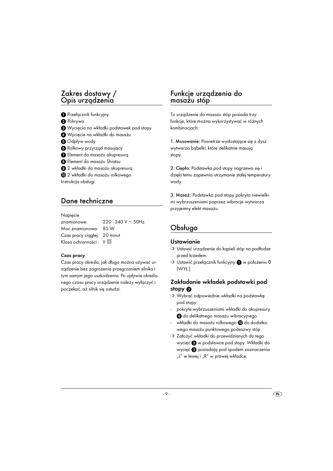 Kompernass KH5557-04/08-V1 Zakres dostawy Opis urządzenia, Dane techniczne, Funkcje urządzenia do masażu stóp, Obsługa 