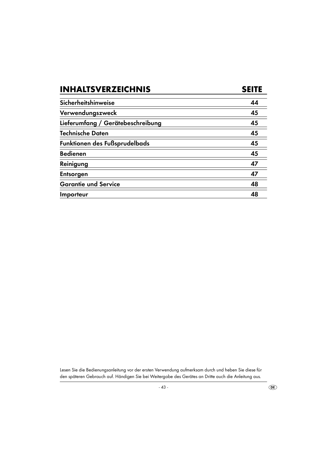 Kompernass KH5557-04/08-V1 operating instructions Inhaltsverzeichnis Seite 