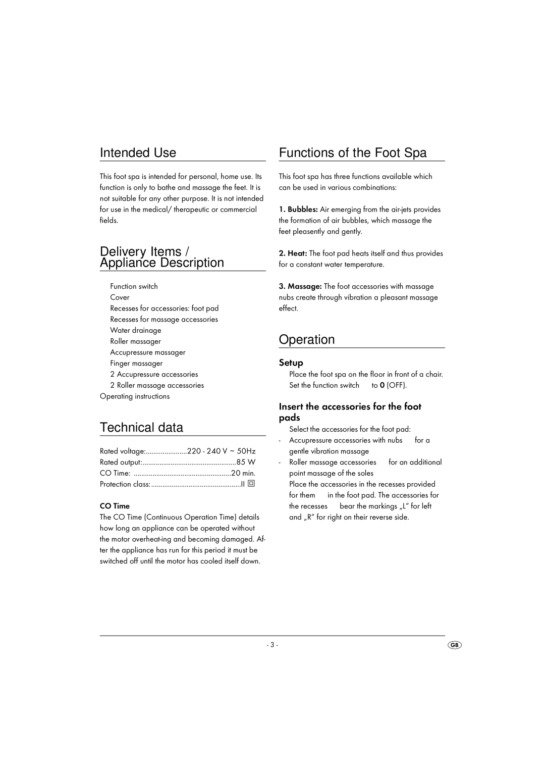 Kompernass KH5557 Intended Use, Delivery Items Appliance Description, Technical data, Functions of the Foot Spa, Operation 