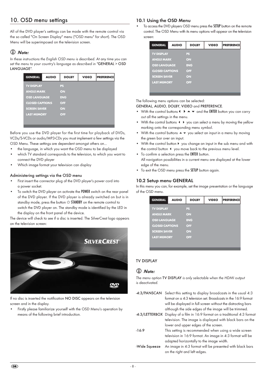 Kompernass KH6525 manual OSD menu settings, Using the OSD Menu, Setup menu General, Administering settings via the OSD menu 