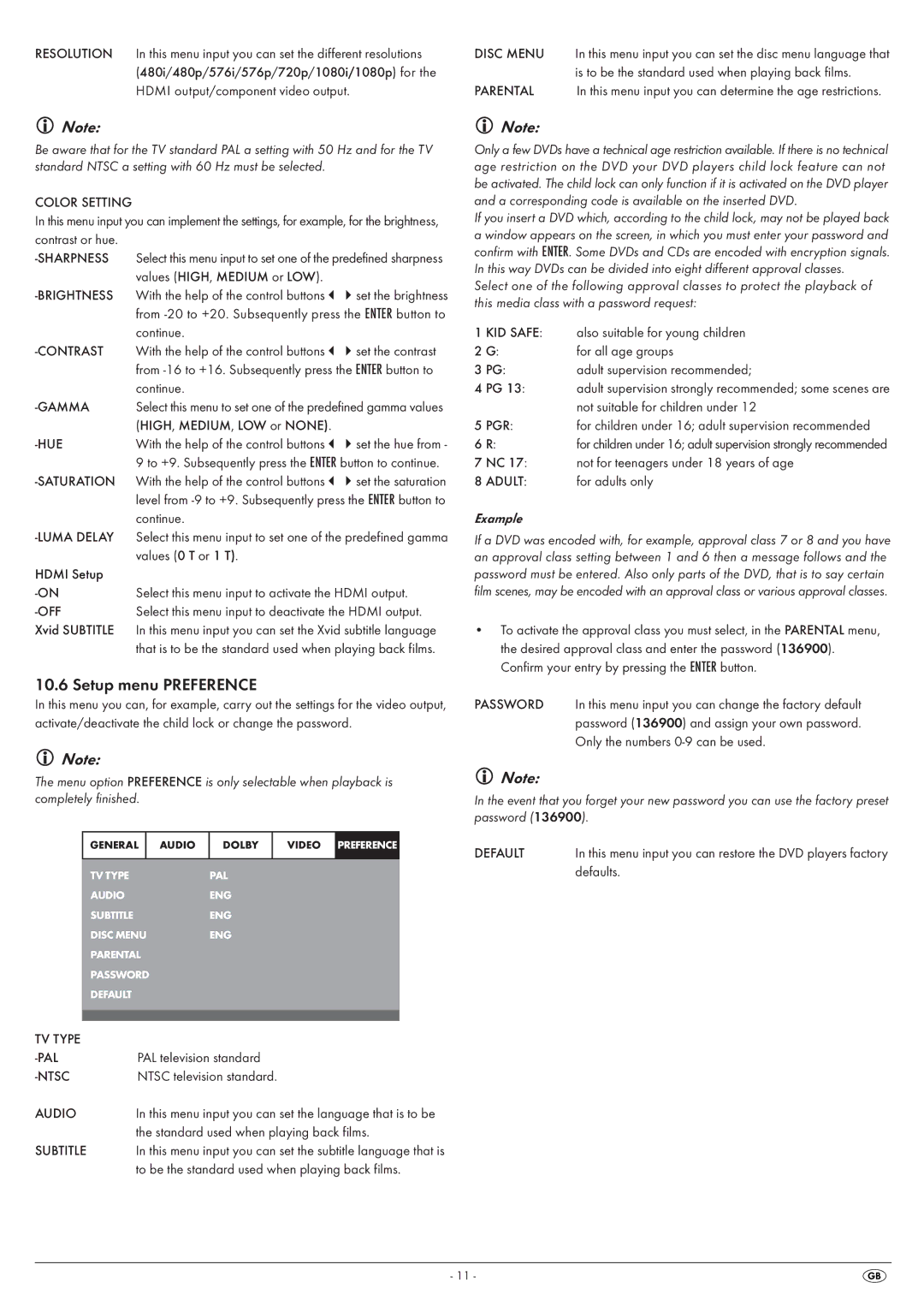 Kompernass KH 6524, KH6525 manual Setup menu Preference 