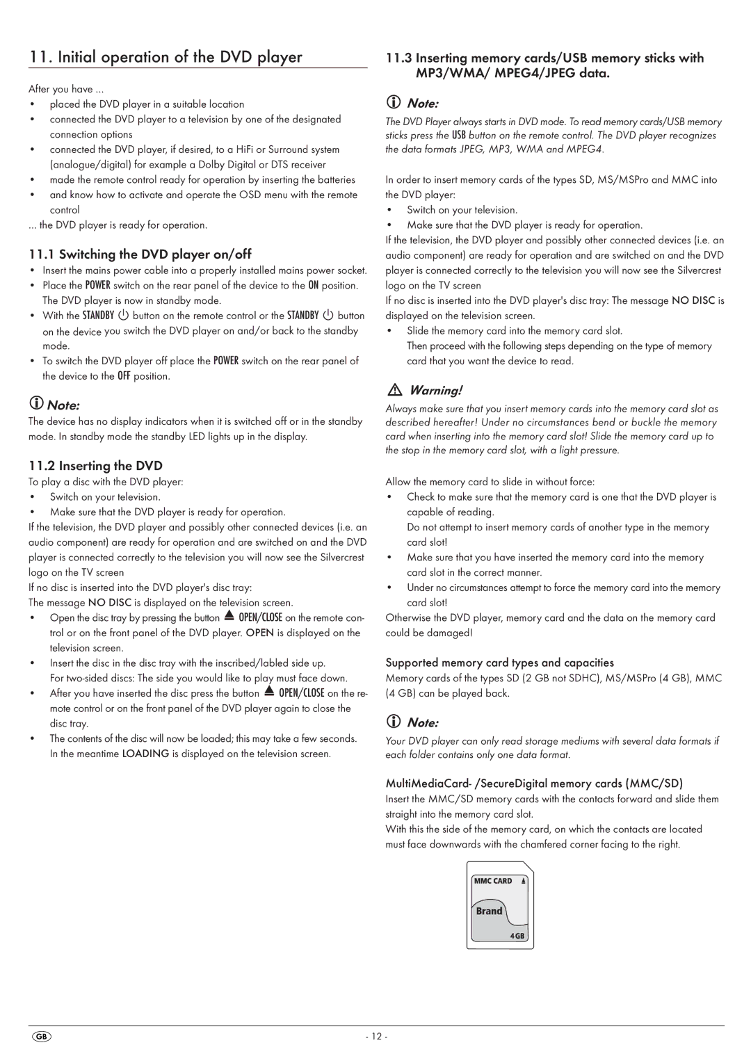 Kompernass KH6525, KH 6524 manual Initial operation of the DVD player, Switching the DVD player on/off, Inserting the DVD 