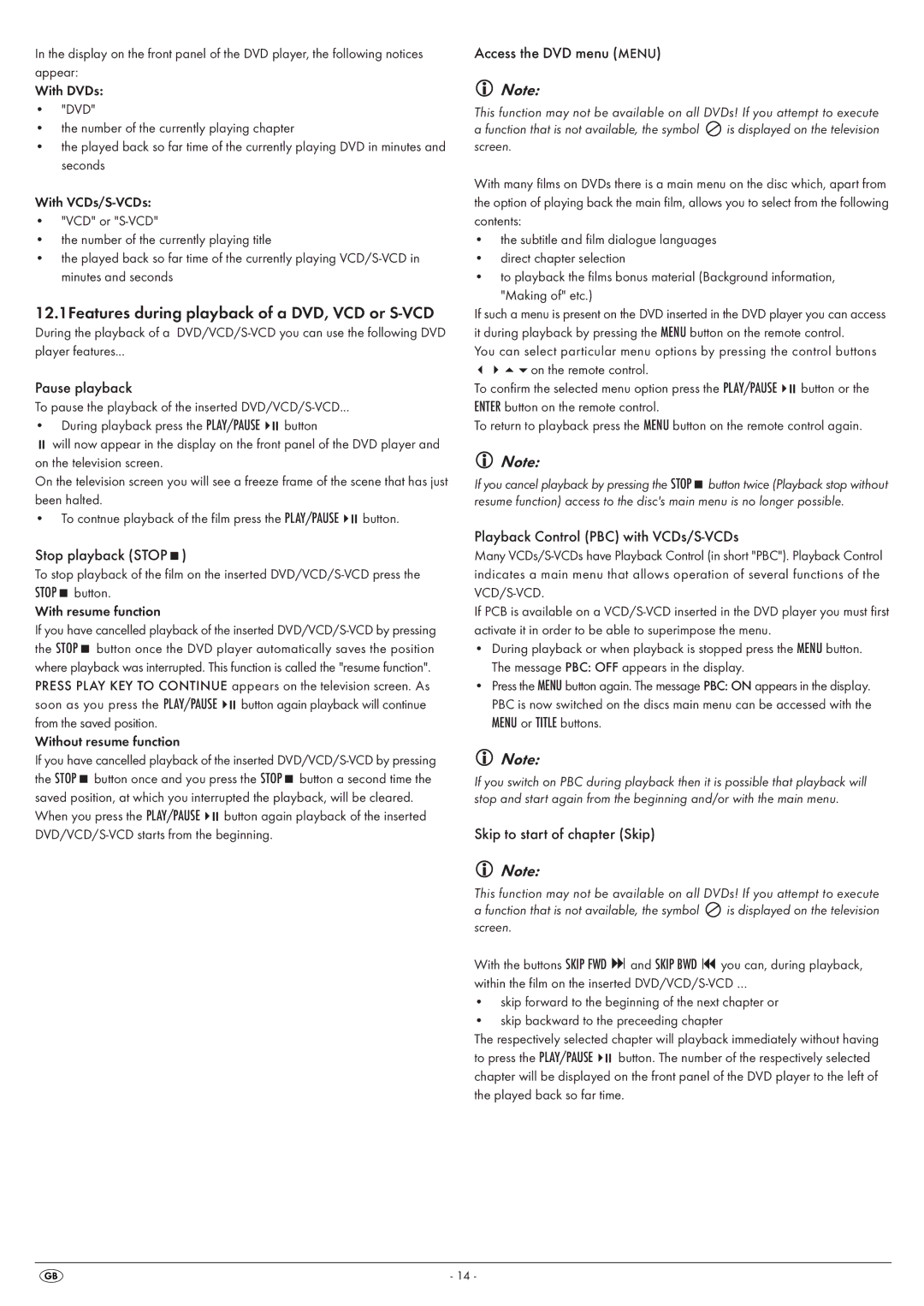 Kompernass KH6525, KH 6524 manual 12.1Features during playback of a DVD, VCD or S-VCD 