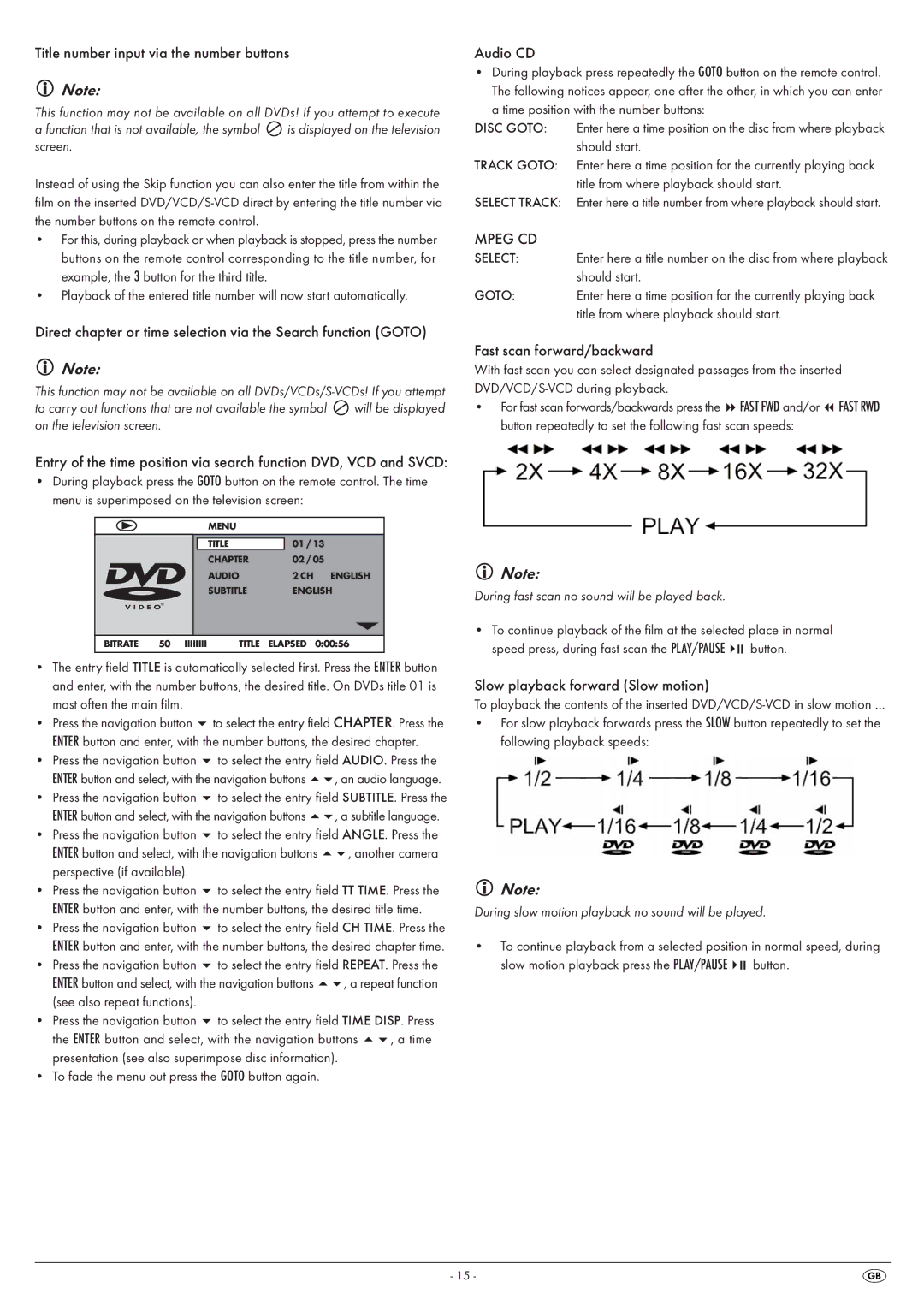 Kompernass KH 6524, KH6525 manual Title number input via the number buttons, Audio CD, Mpeg CD, Fast scan forward/backward 