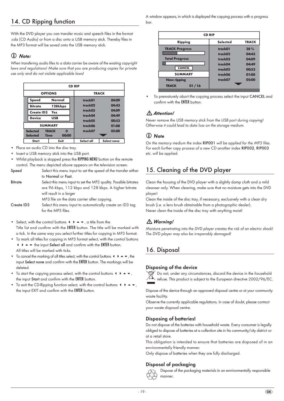 Kompernass KH 6524, KH6525 manual CD Ripping function, Cleaning of the DVD player, Disposal 