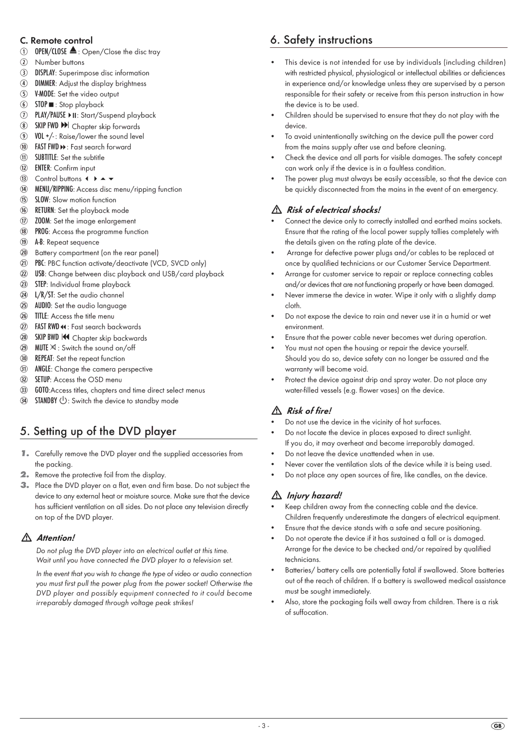 Kompernass KH 6524, KH6525 manual Setting up of the DVD player, Safety instructions, Remote control 