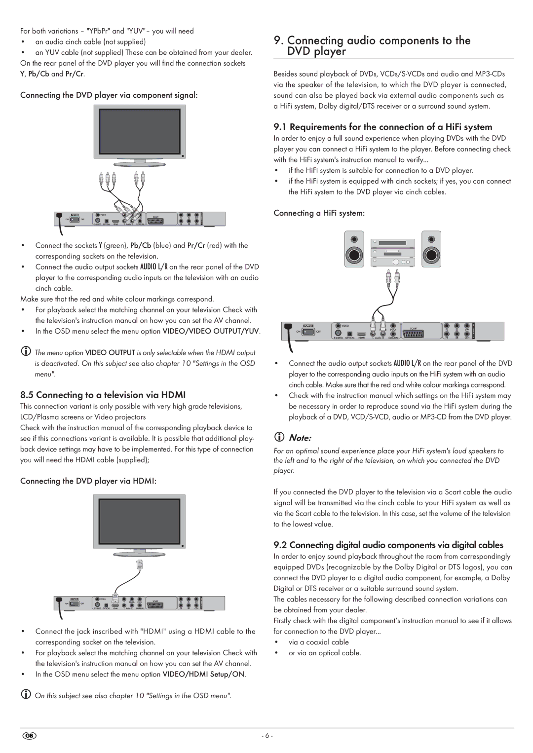 Kompernass KH6525, KH 6524 manual Connecting audio components to the DVD player, Connecting to a television via Hdmi 