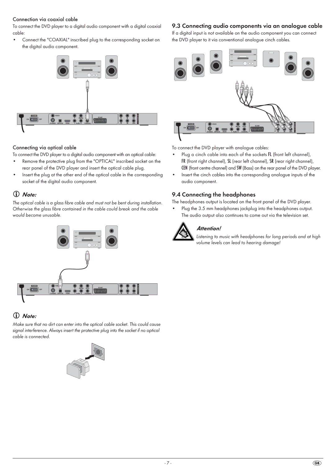 Kompernass KH 6524, KH6525 manual Connecting audio components via an analogue cable, Connecting the headphones 