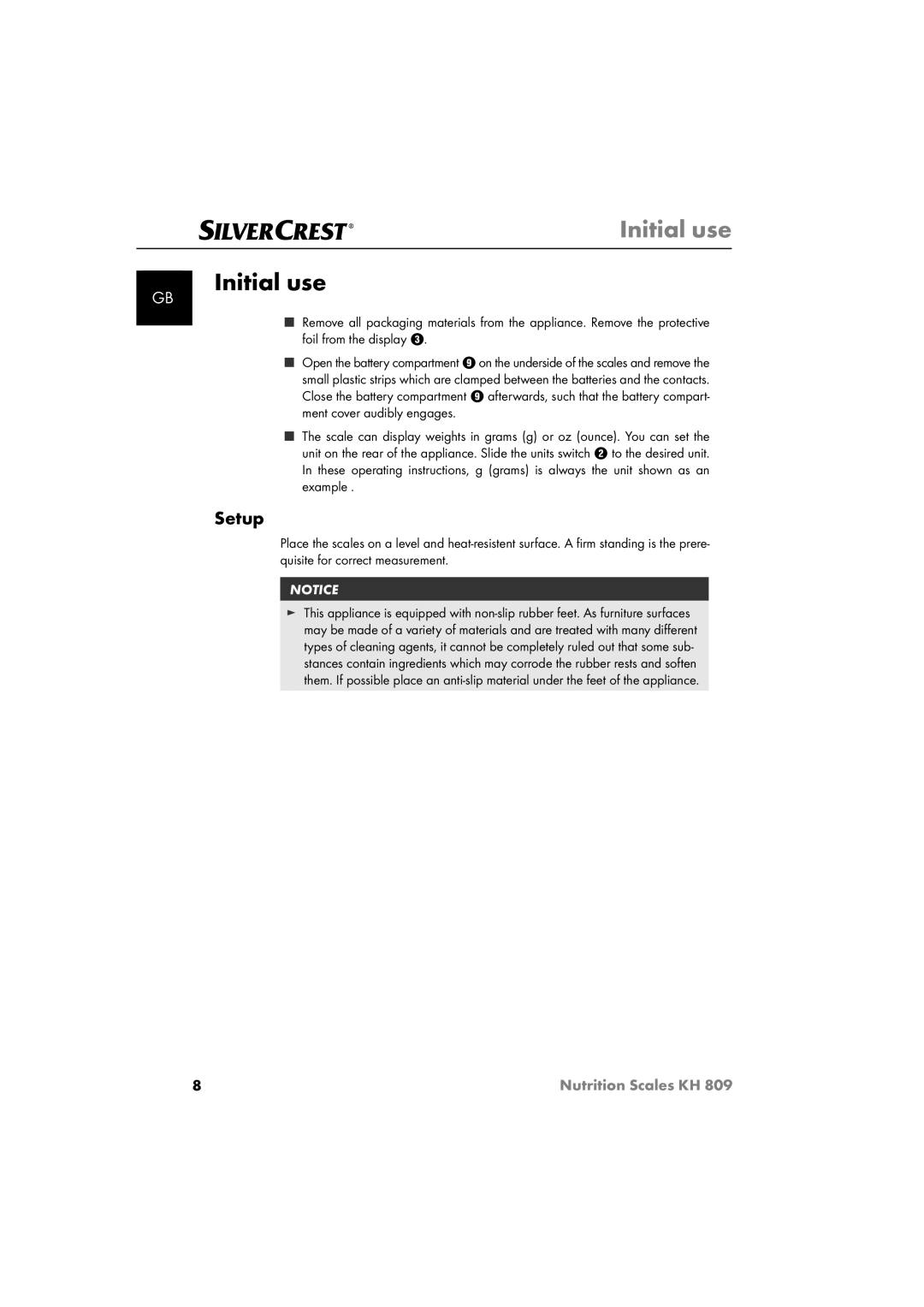 Kompernass KH809 operating instructions Initial use, Setup 