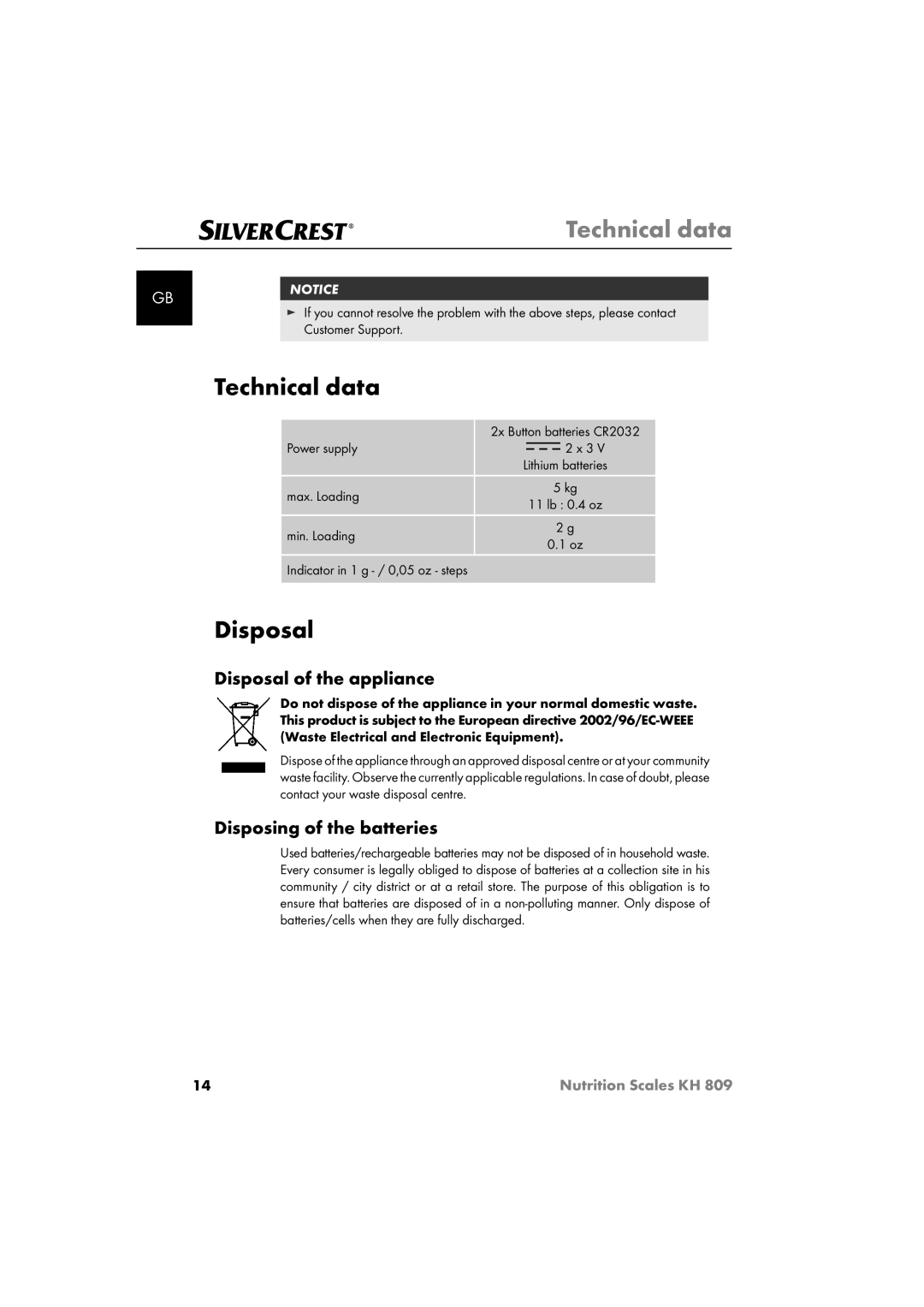 Kompernass KH809 operating instructions Technical data, Disposal of the appliance, Disposing of the batteries 