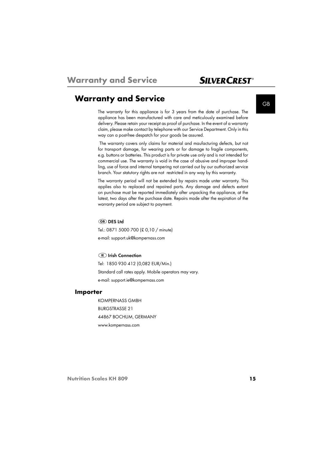 Kompernass KH809 operating instructions Warranty and Service, Importer 