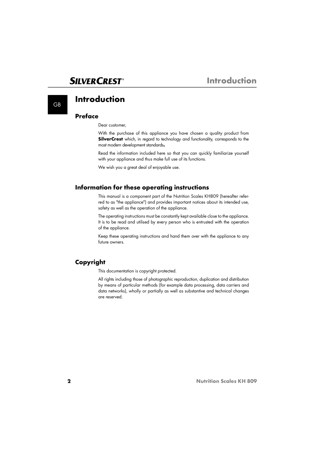 Kompernass KH809 Introduction, Preface, Information for these operating instructions, Copyright 