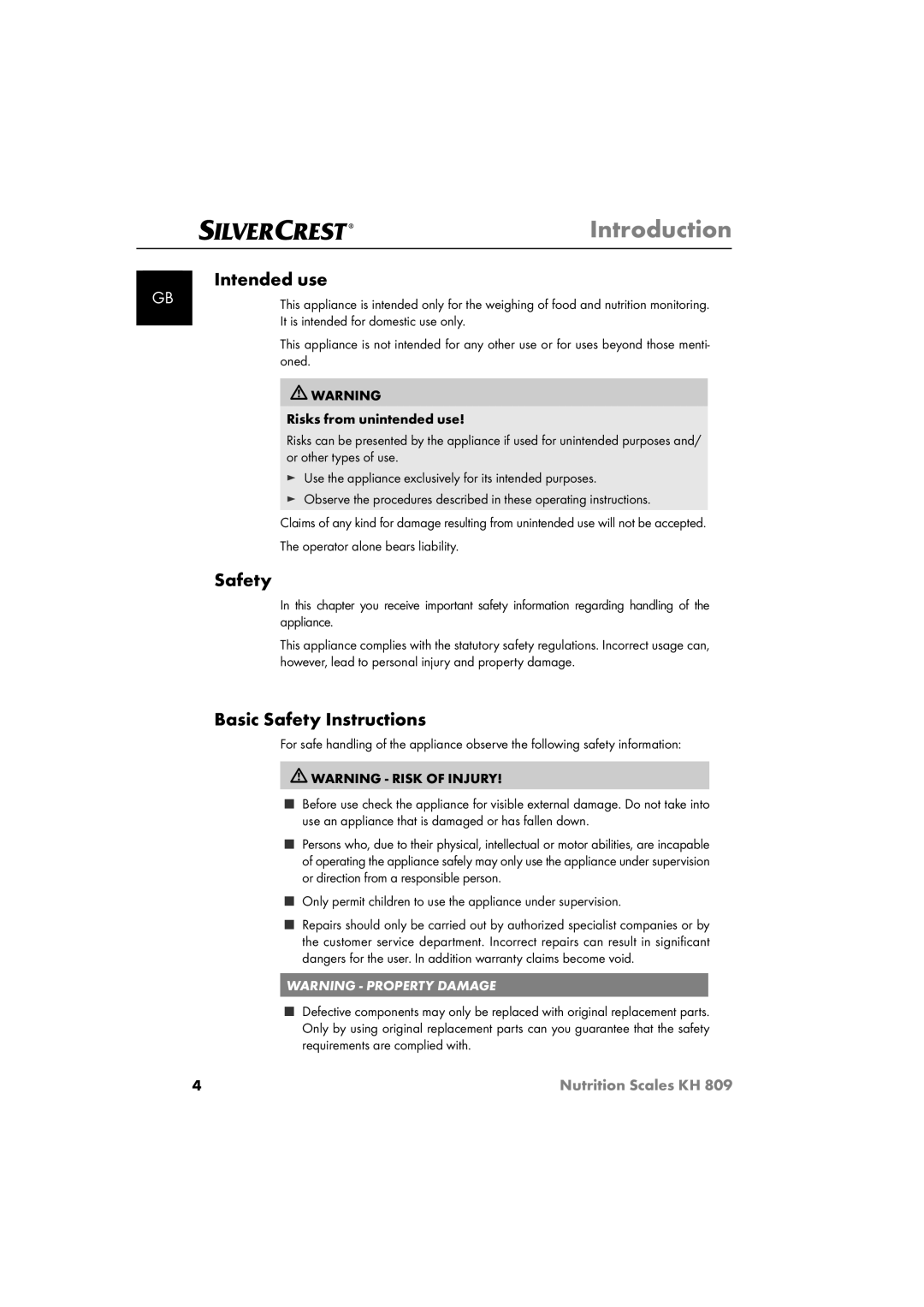 Kompernass KH809 operating instructions Intended use, Basic Safety Instructions 