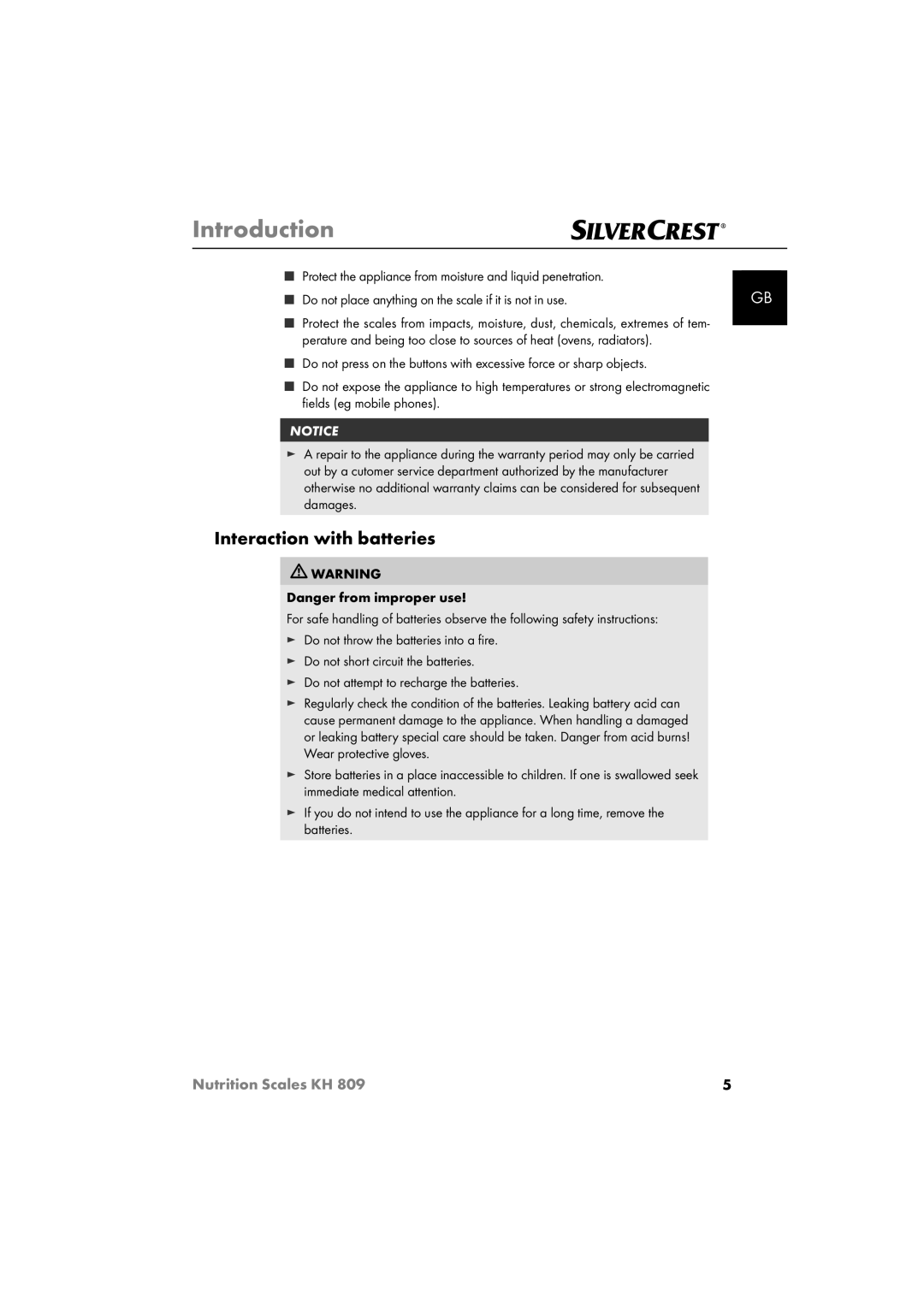 Kompernass KH809 Interaction with batteries, Protect the appliance from moisture and liquid penetration 